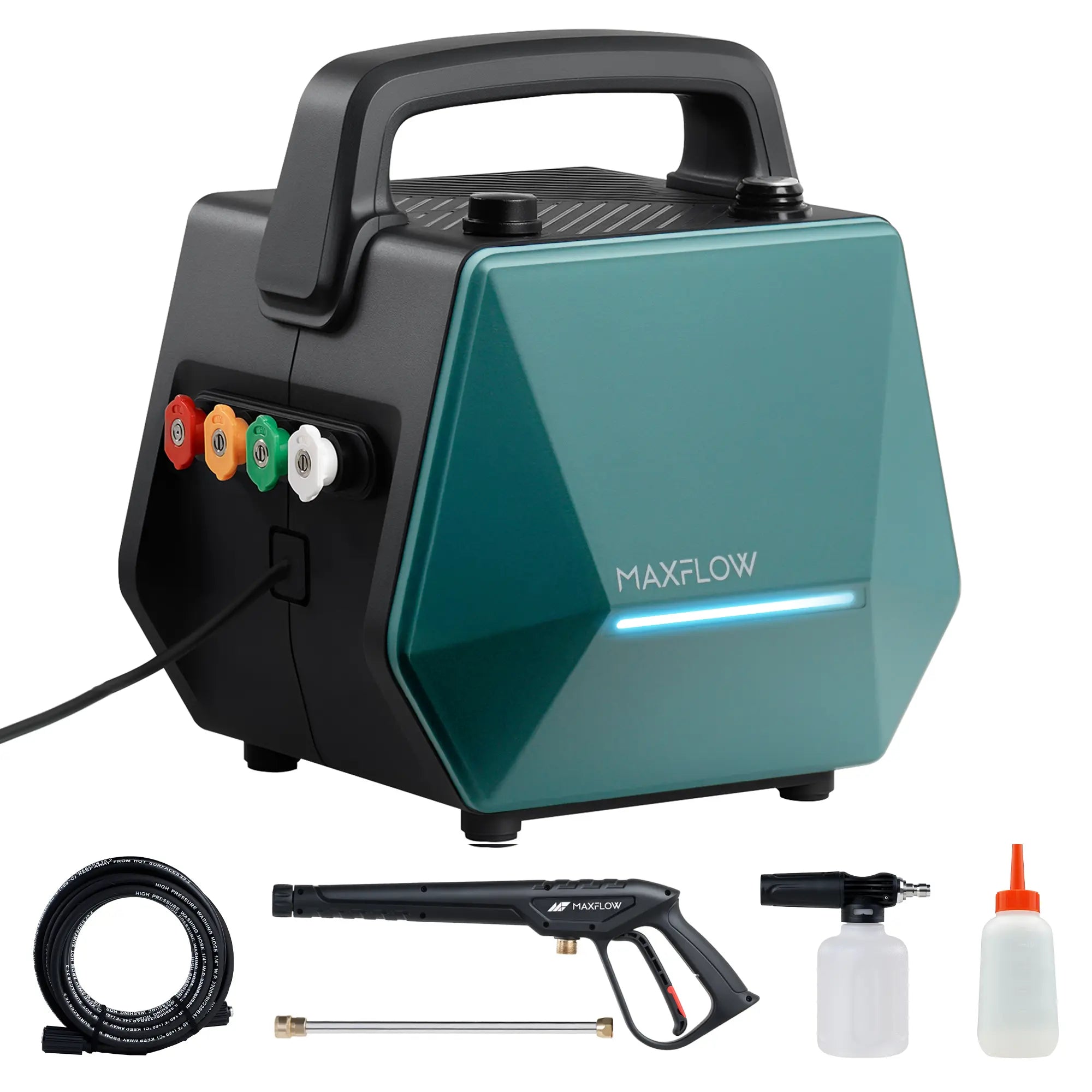 MAXFLOW pressure washer kit with a teal and black portable pump, shown with a hose, spray gun, wand, and two nozzles on a white background.