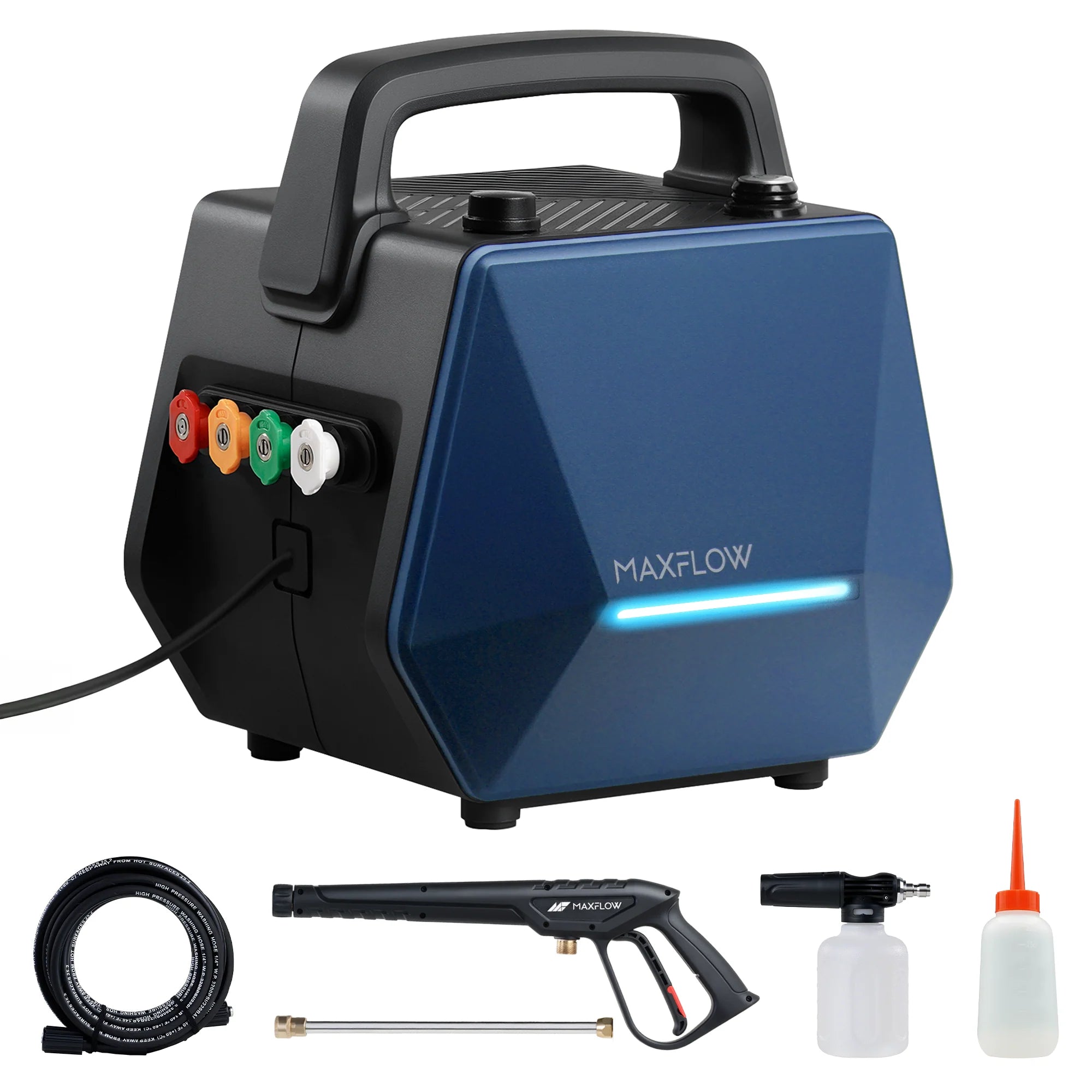 Blue and black MAXFLOW pressure washer with various nozzles and accessories on a white background