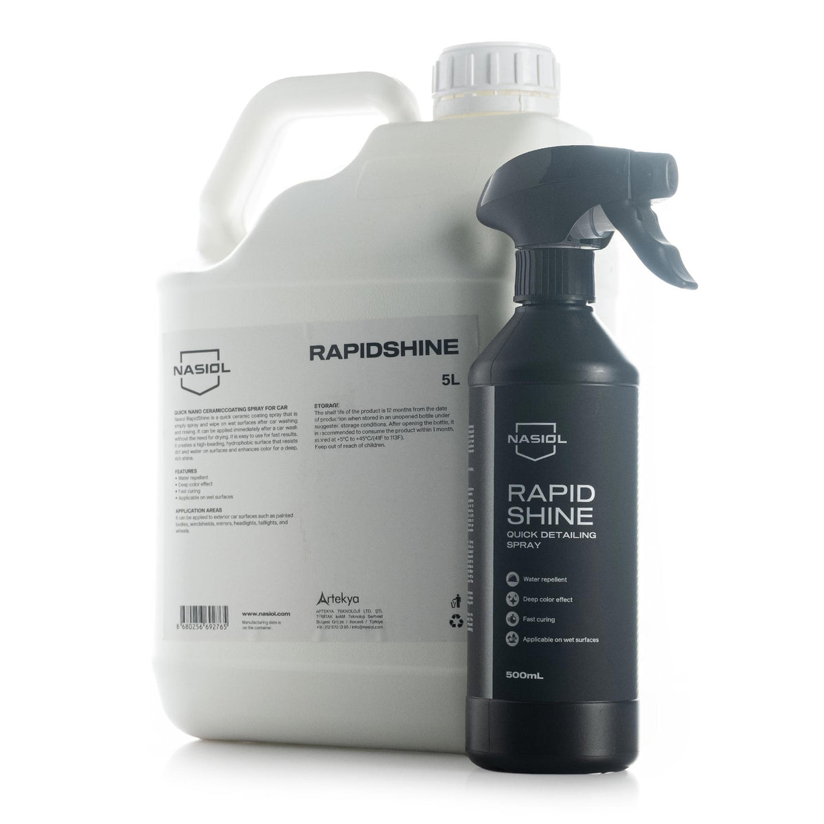 Nasiol Rapid Shine quick detailing spray for car exteriors in a 500 g bottle and 5 kg jug