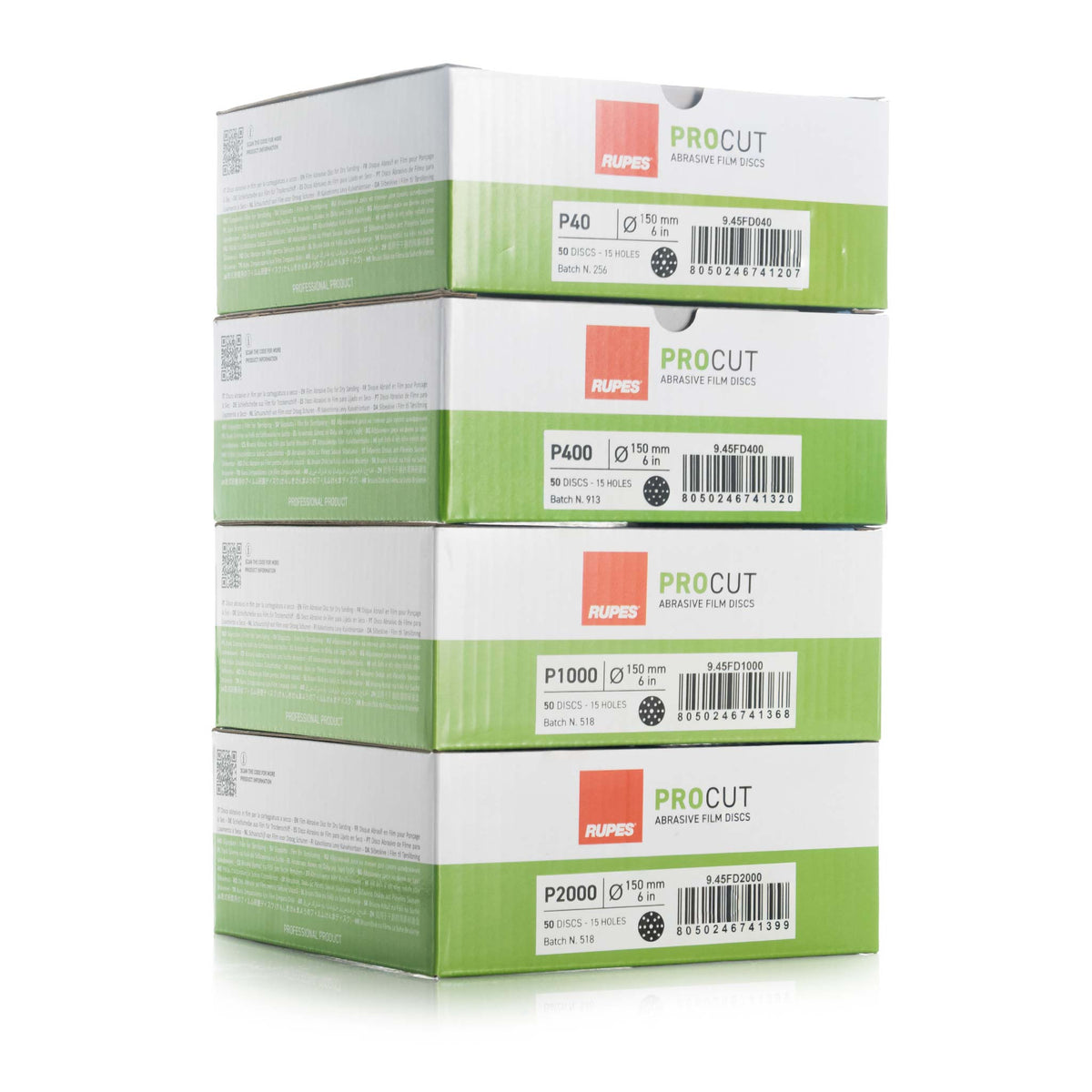 Stacked RUPES PROCUT boxes in P40, P400, P1000, and P2000, 50 discs per box