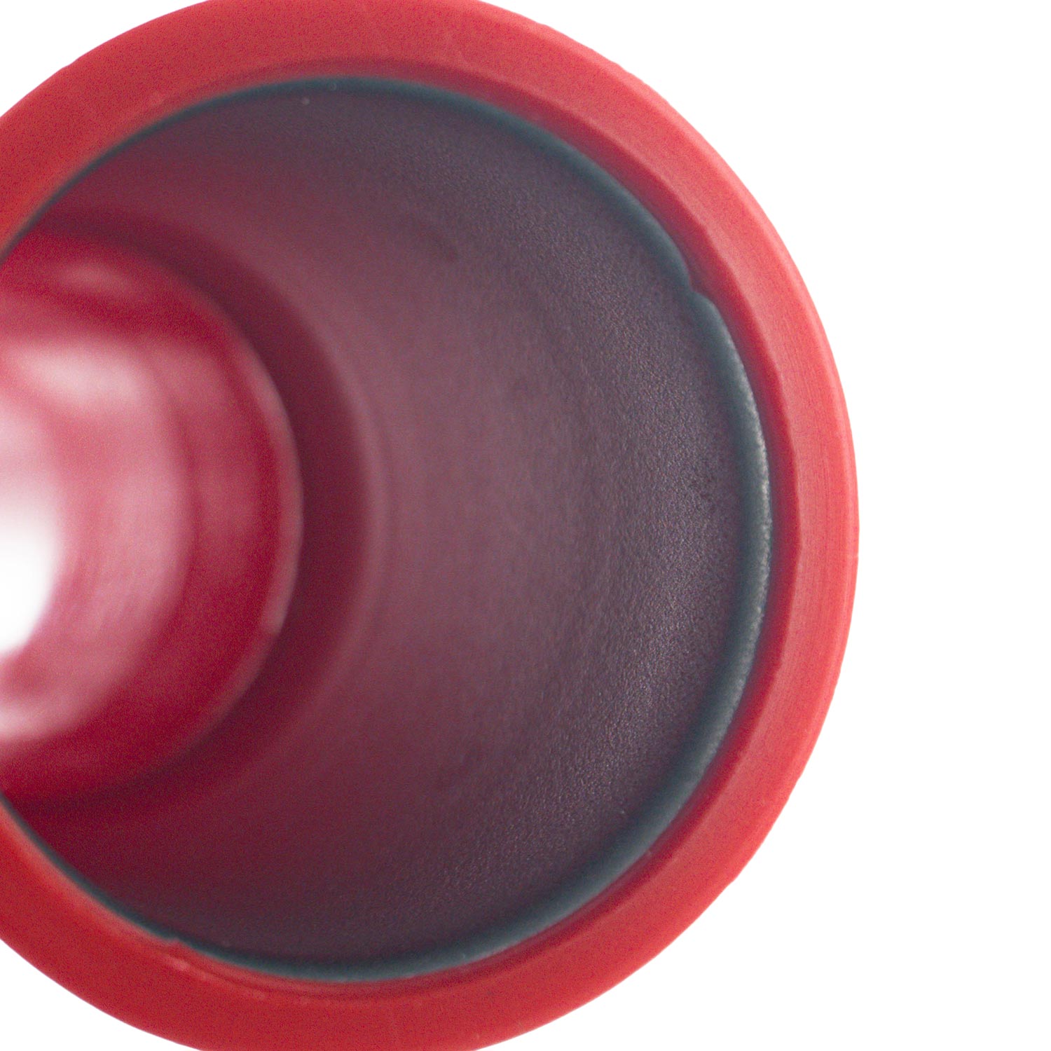 Close-up of a red plastic cone with stainless steel interior with a white background
