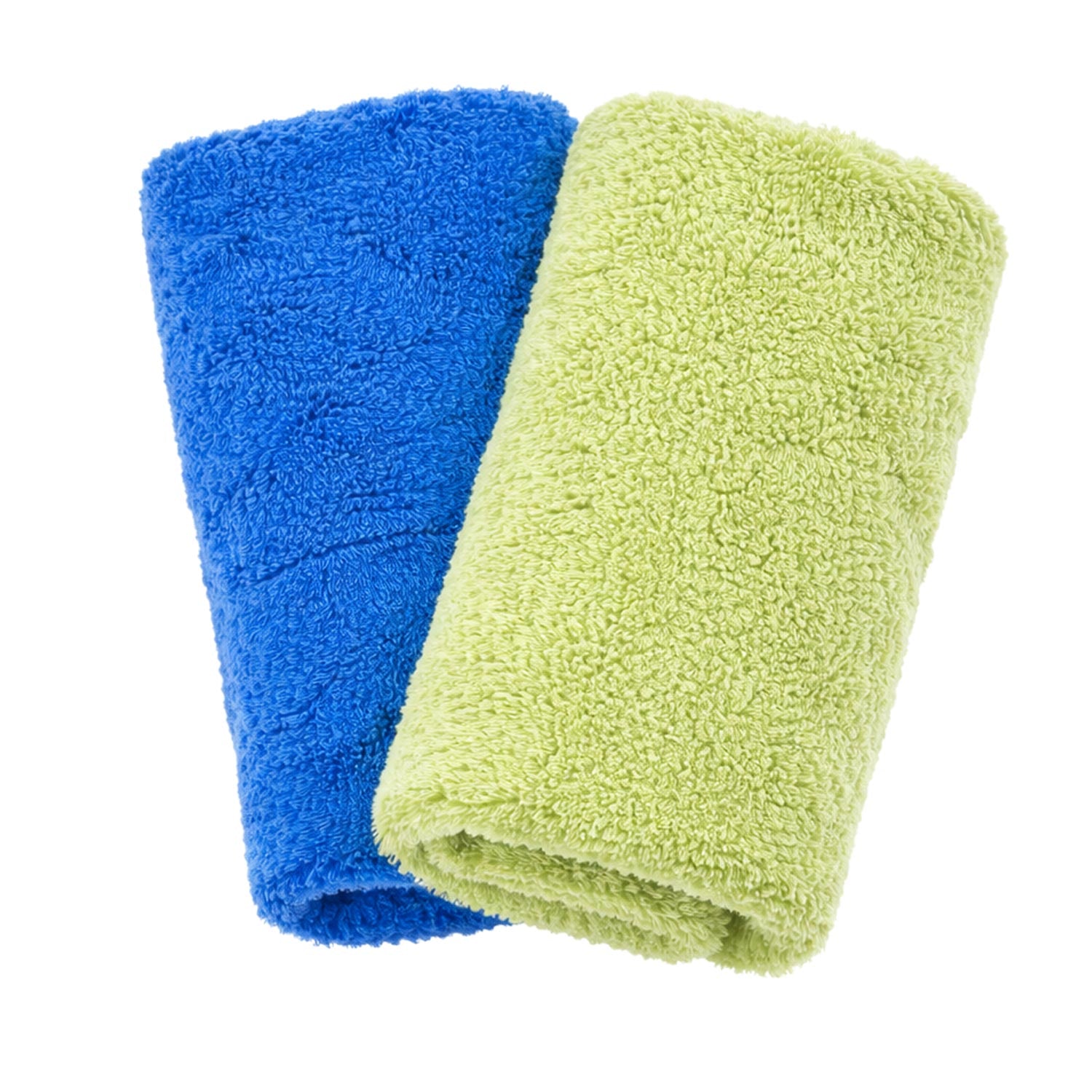Two folded towels, one blue and one green, on a white background