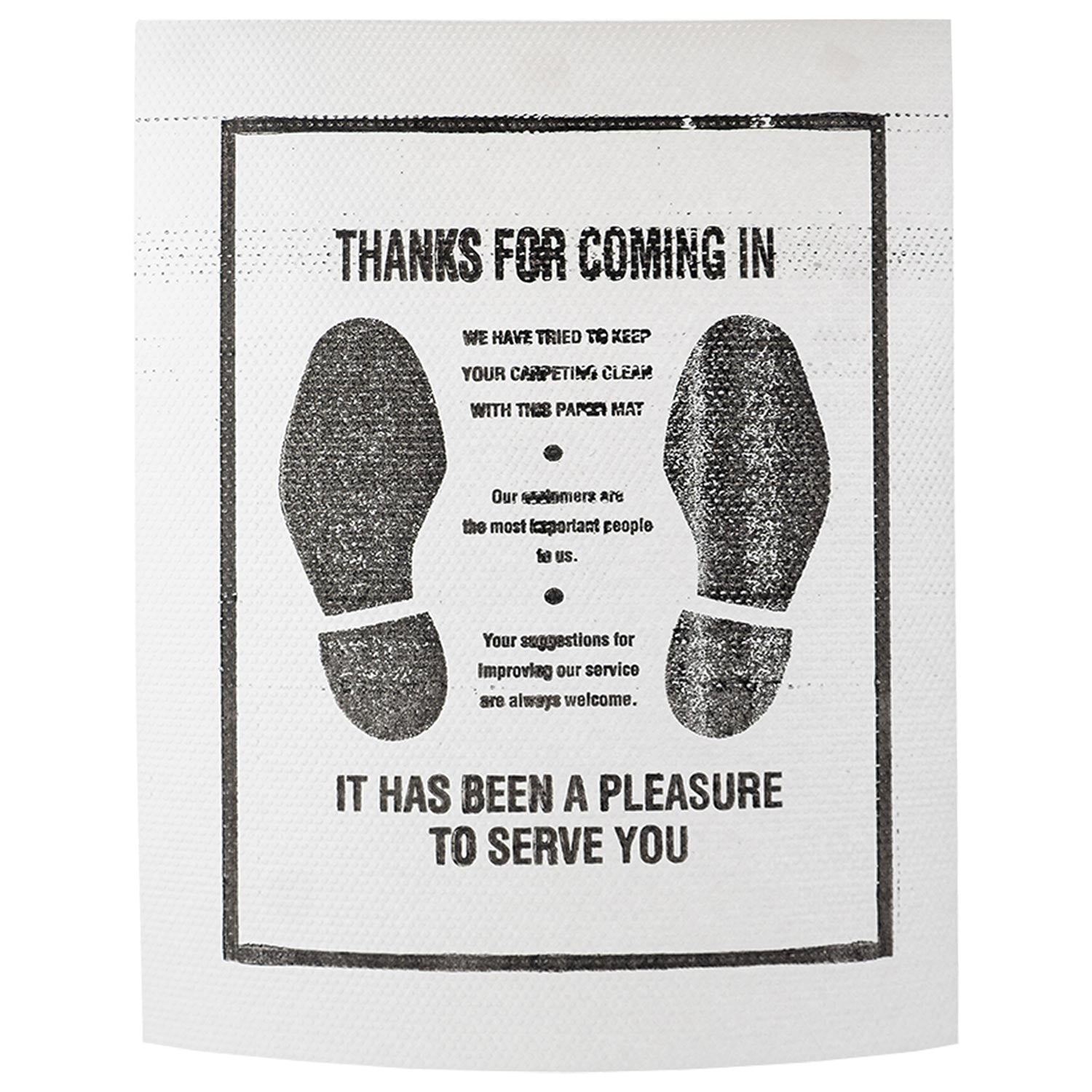 Paper mat with footprints and text for serving customers in a store.