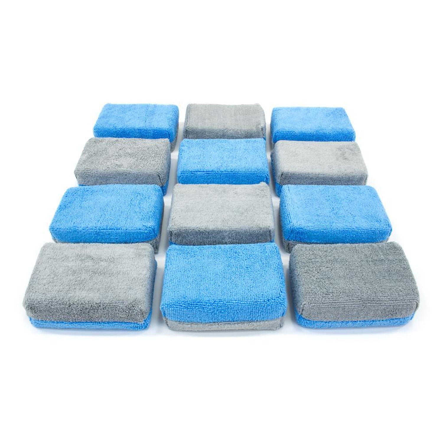 Set of blue and gray microfiber applicators on a white background