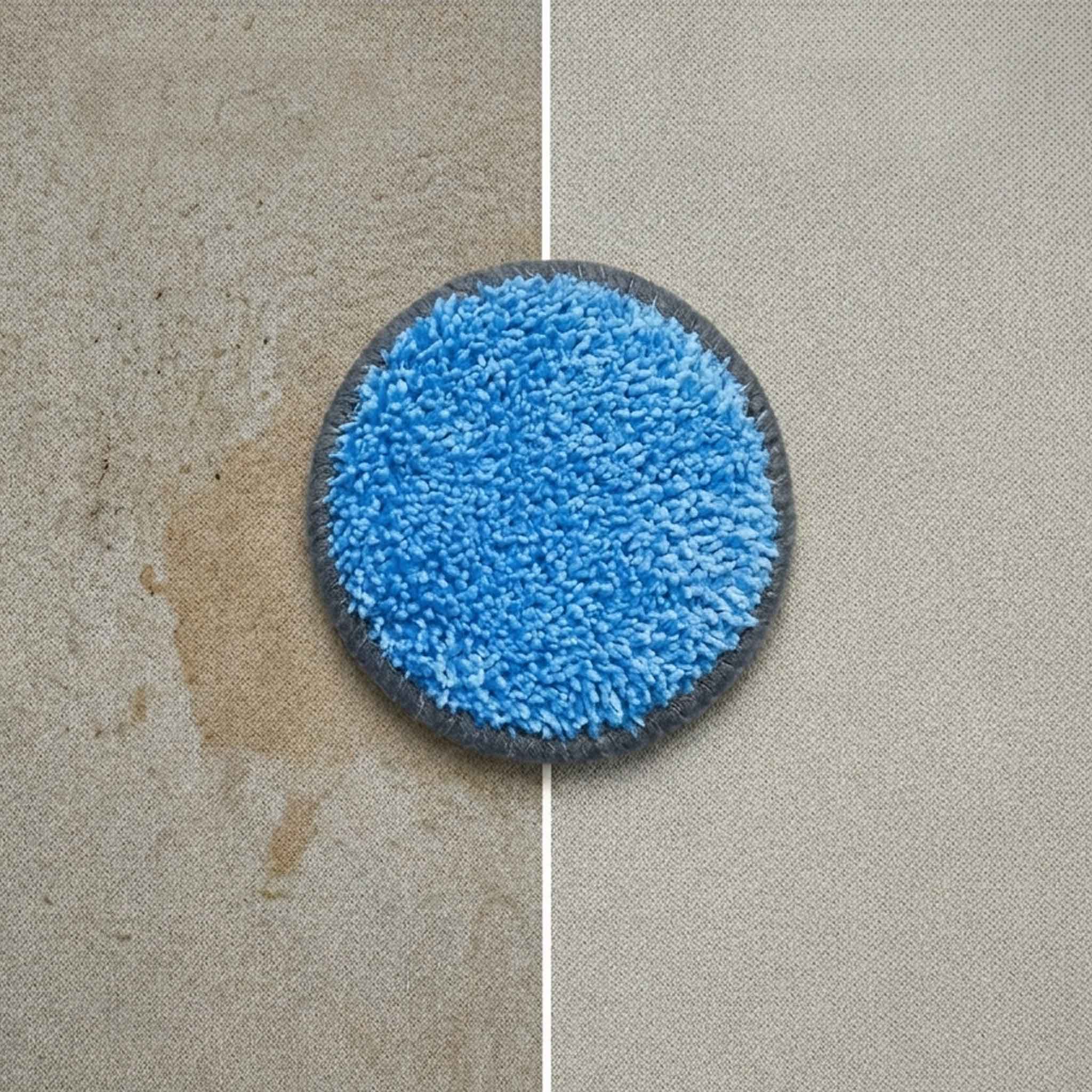 Blue circular cleaning pad on a car headliner with a white line dividing it from a gray background.