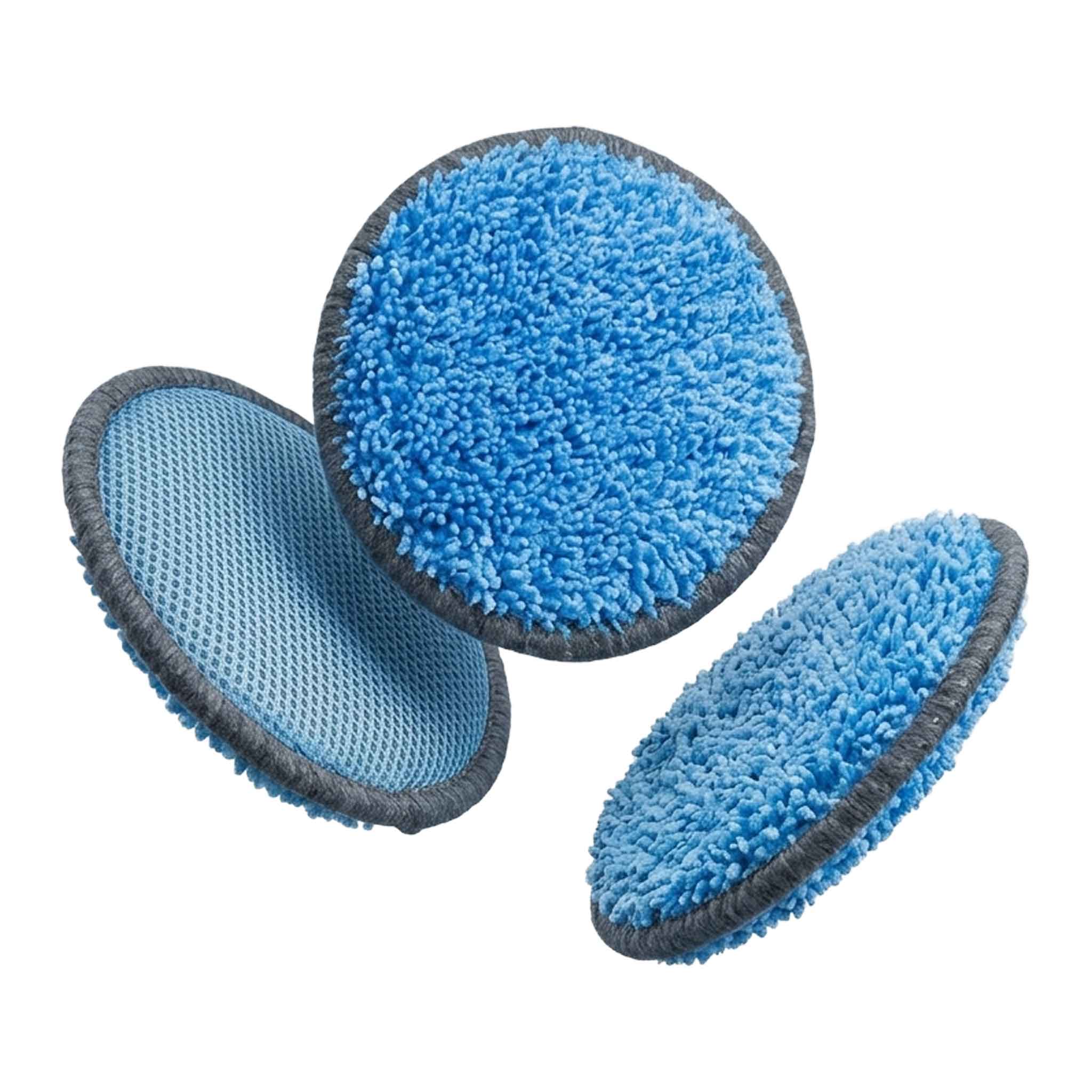 Three blue microfiber cleaning pads with gray edges on a white background
