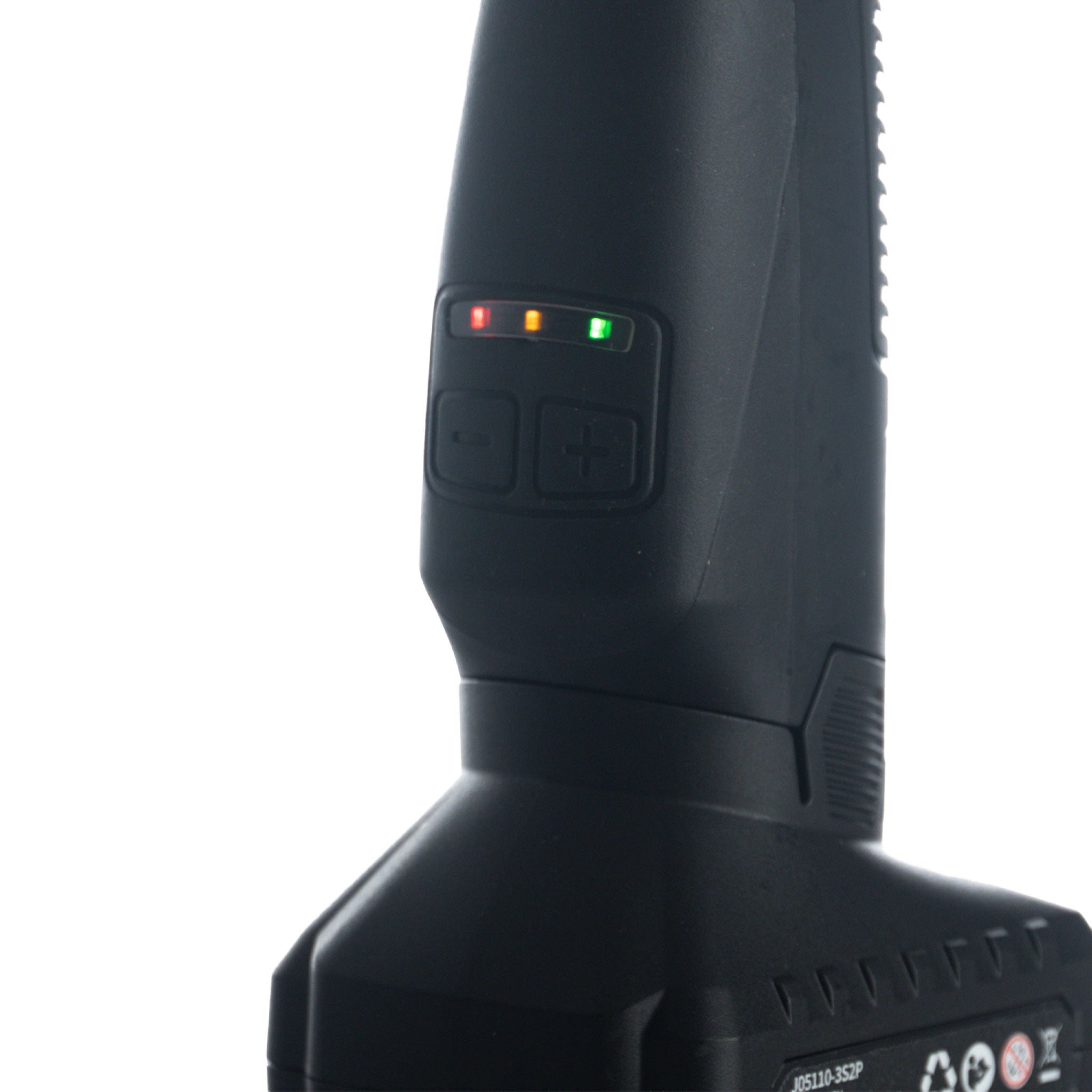 Close-up of a black power tool with control buttons and indicator lights on a white background