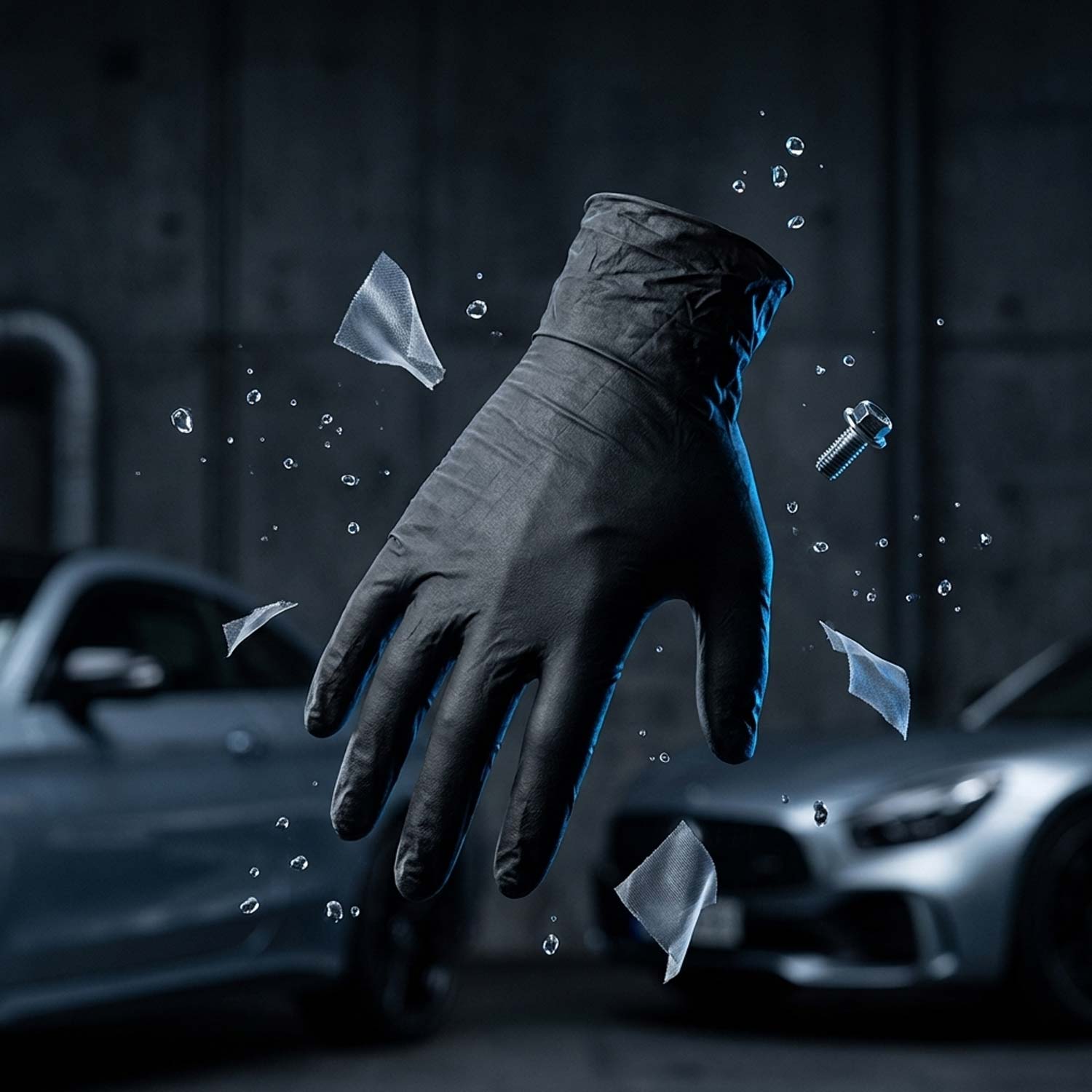 Black glove reaching out from a car window with shattered glass and a car in the background