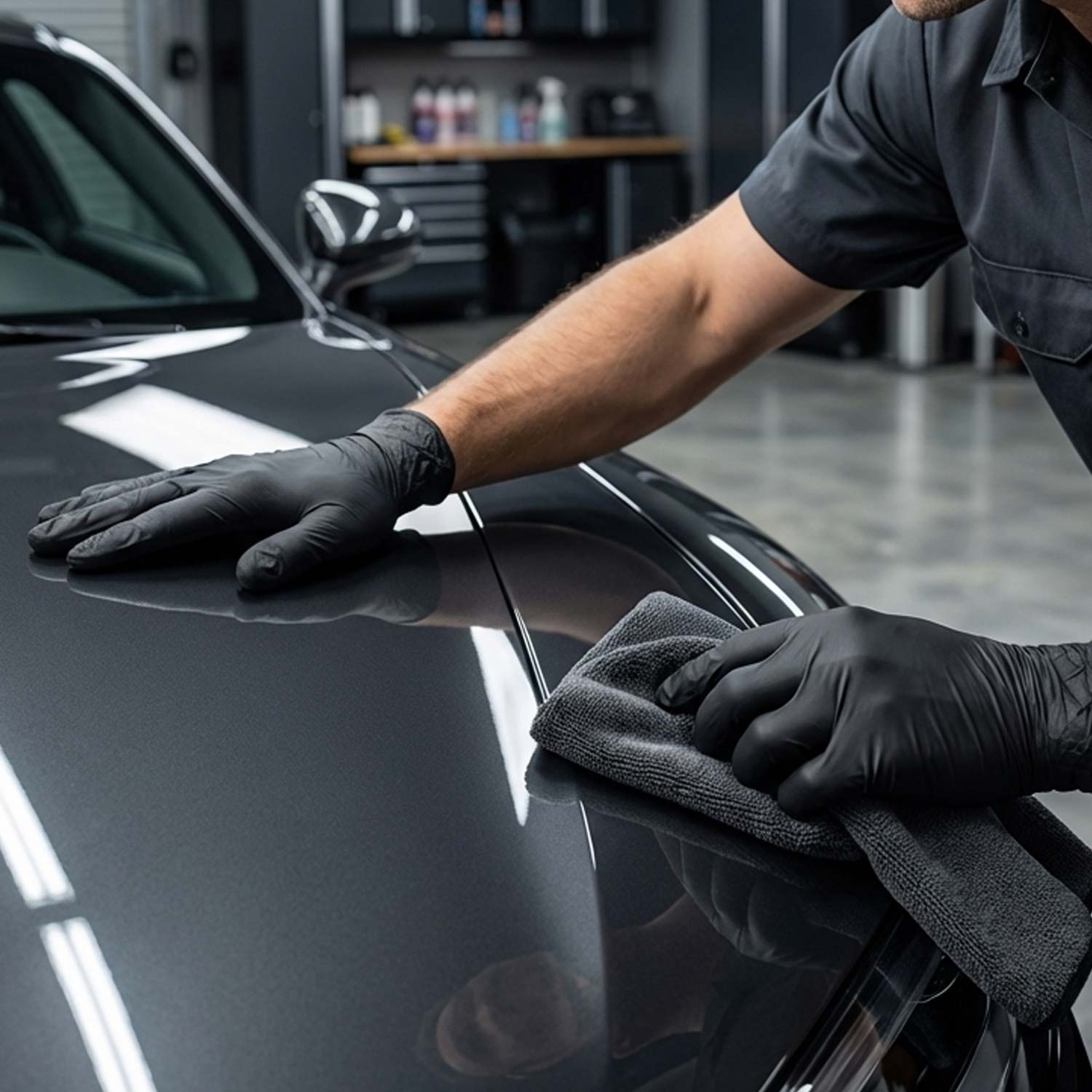 Person cleaning a car with black gloves and a towel in a garage setting