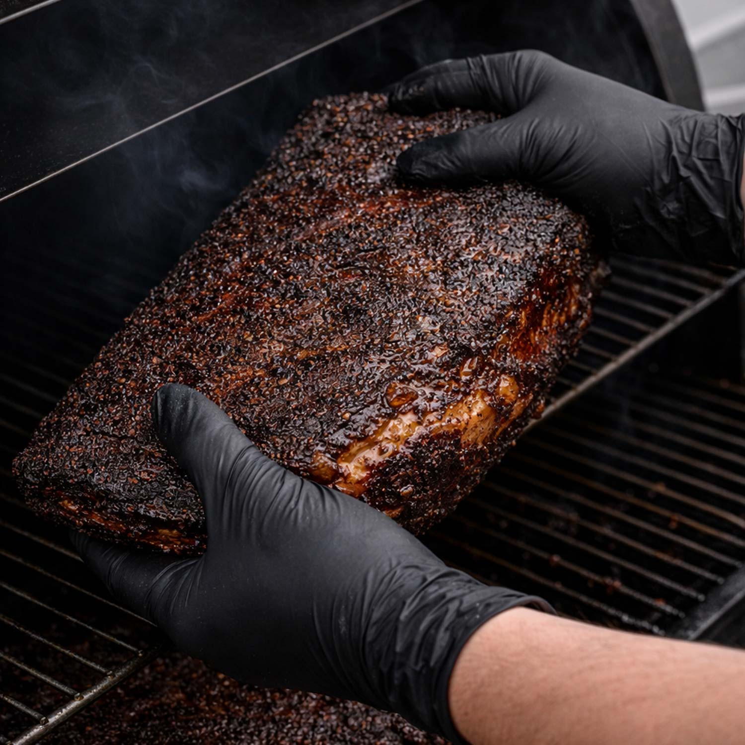 Person wearing black gloves handling a large piece of smoked meat on a grill.