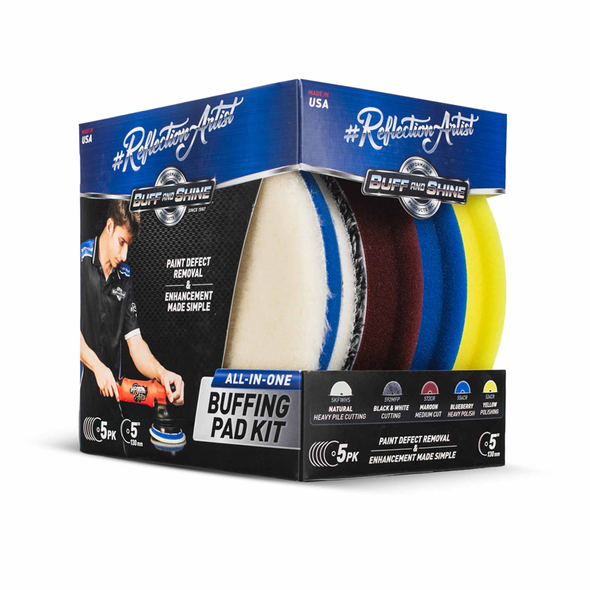 Buff and Shine 5 inch Buffing pad kit packaging with different colored pads on a white background