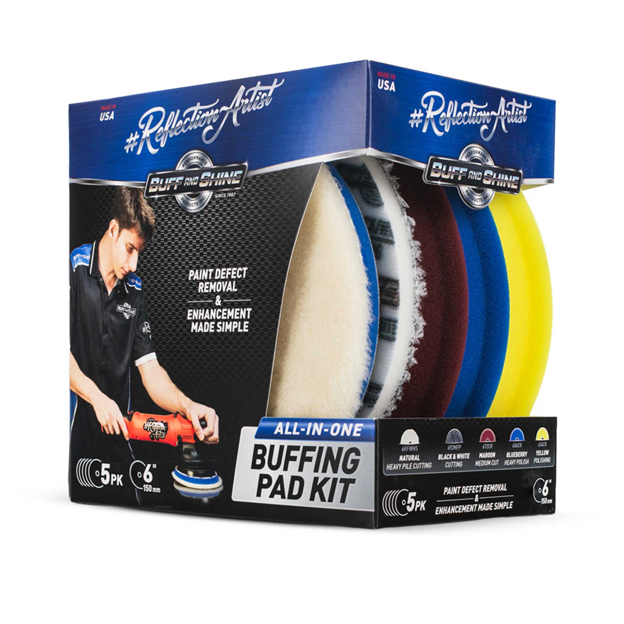 Buff and Shine 6 inch Buffing pad kit packaging with different colored pads on a white background