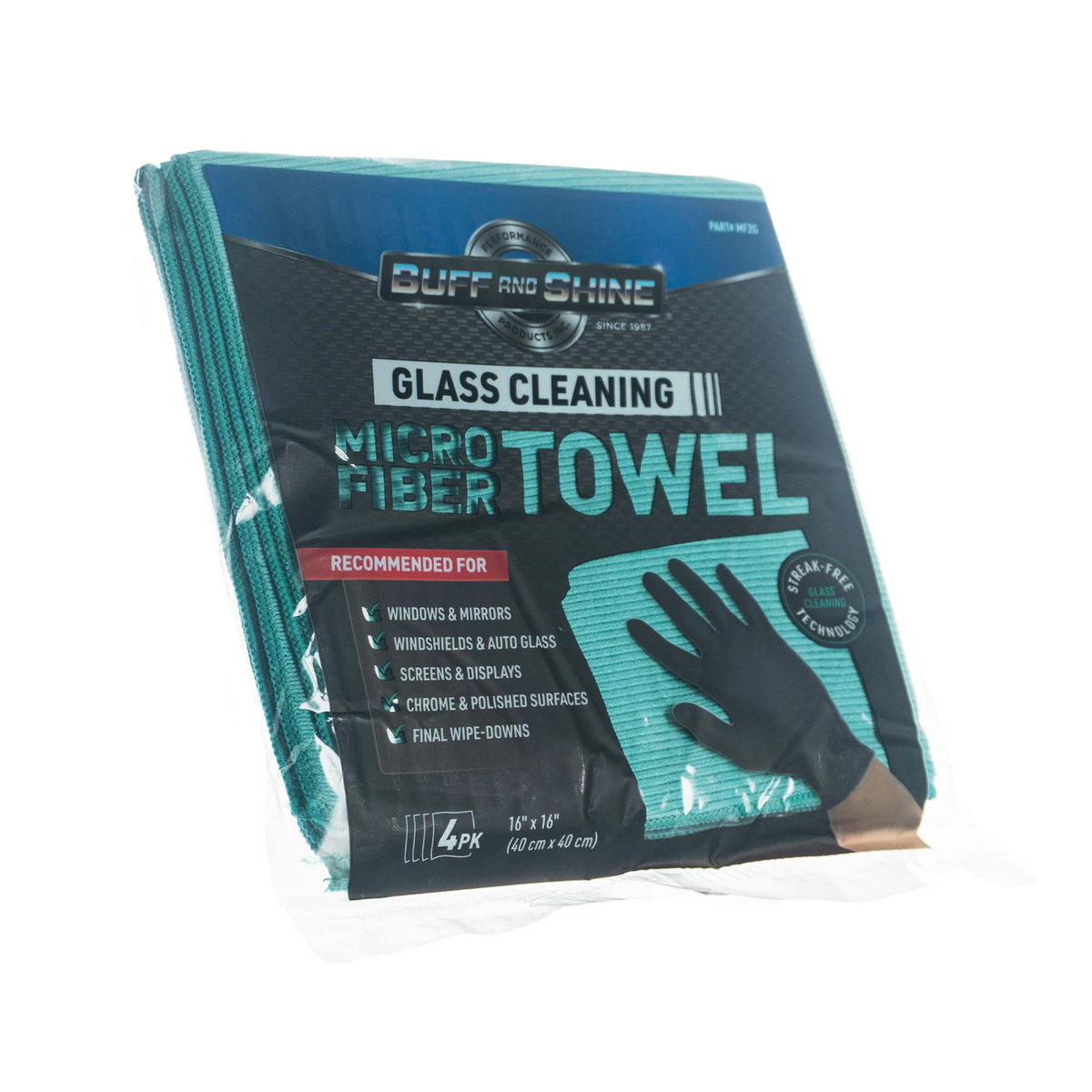 Buff and Shine MF2G glass cleaning microfiber towel 4-pack package for windshields, mirrors, and screens