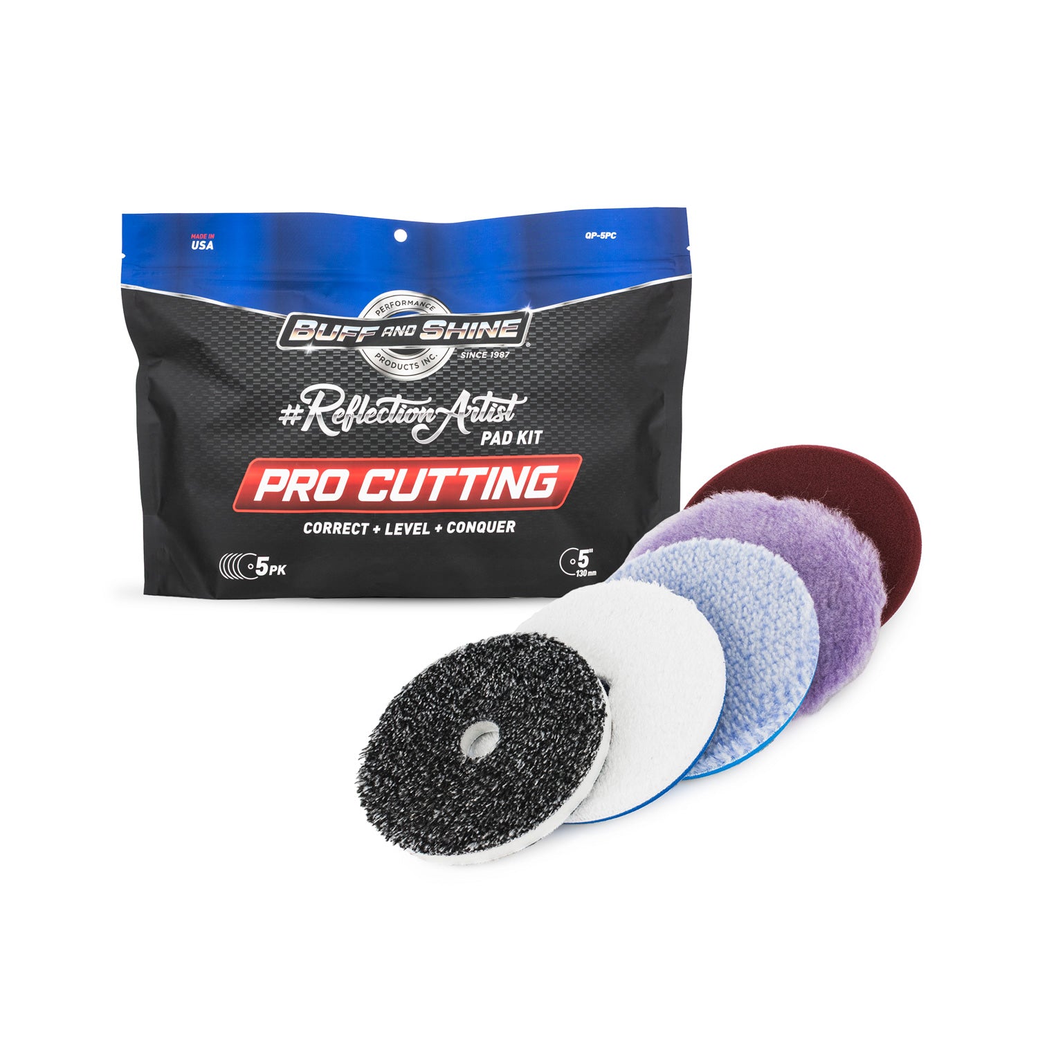Buff and Shine Reflection Artist Pro Cutting Pad Kit with various colored pads on a white background