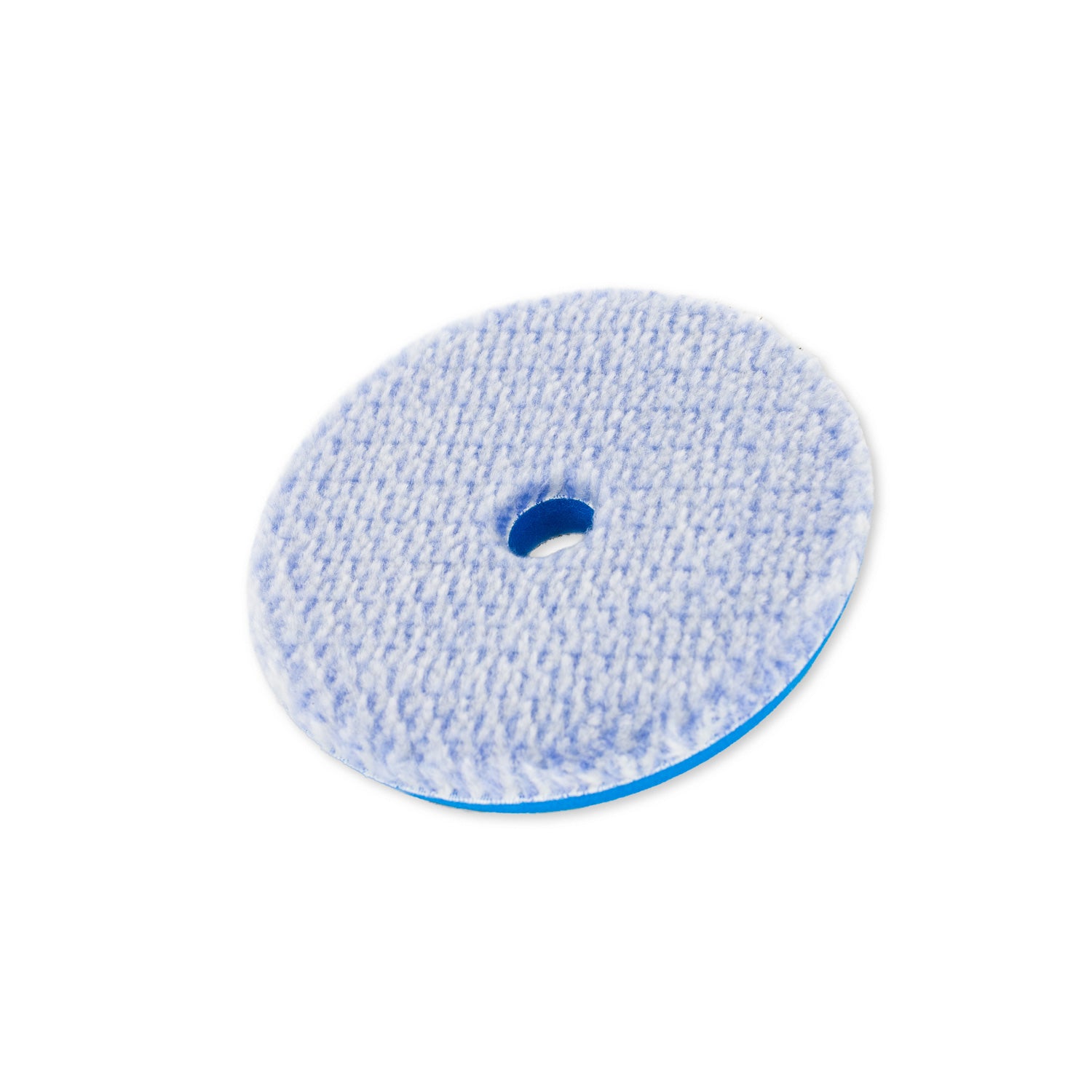 Blue wool buffing pad on a white background