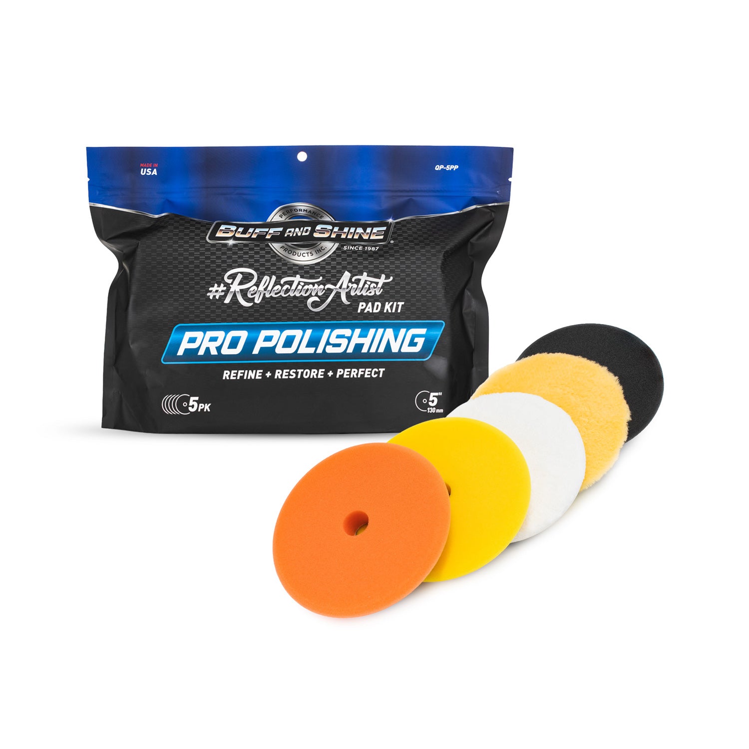 Pro polishing pad kit with colorful pads and packaging on a white background