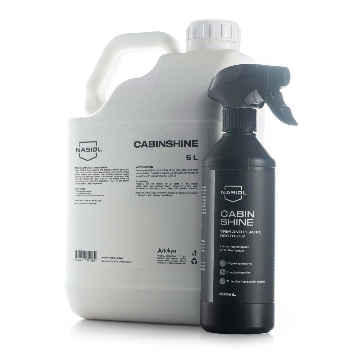 Nasiol Cabin Shine interior trim and plastic restorer in 500 mL spray bottle and 5 L jug