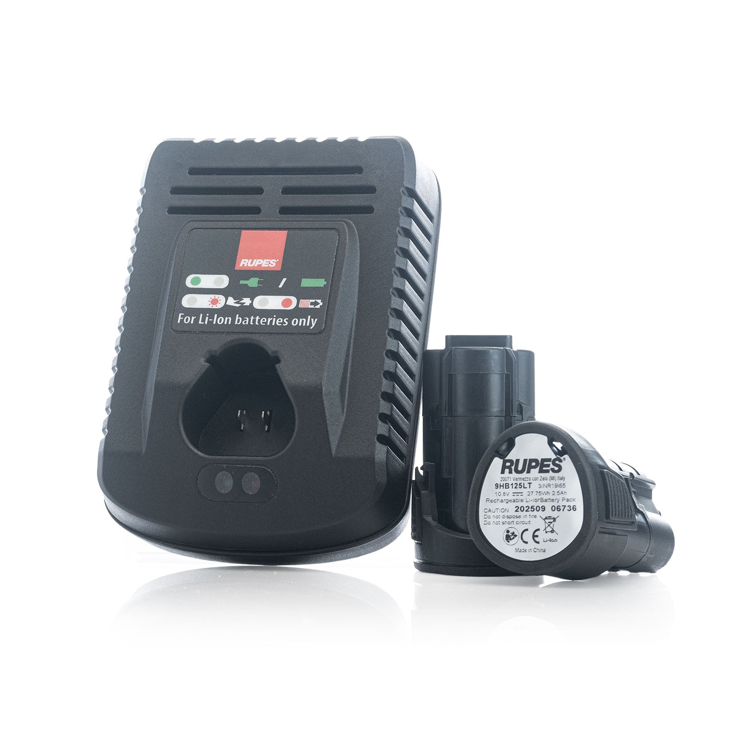 Rupes IBRID Nano 2 battery charger and battery on a white background