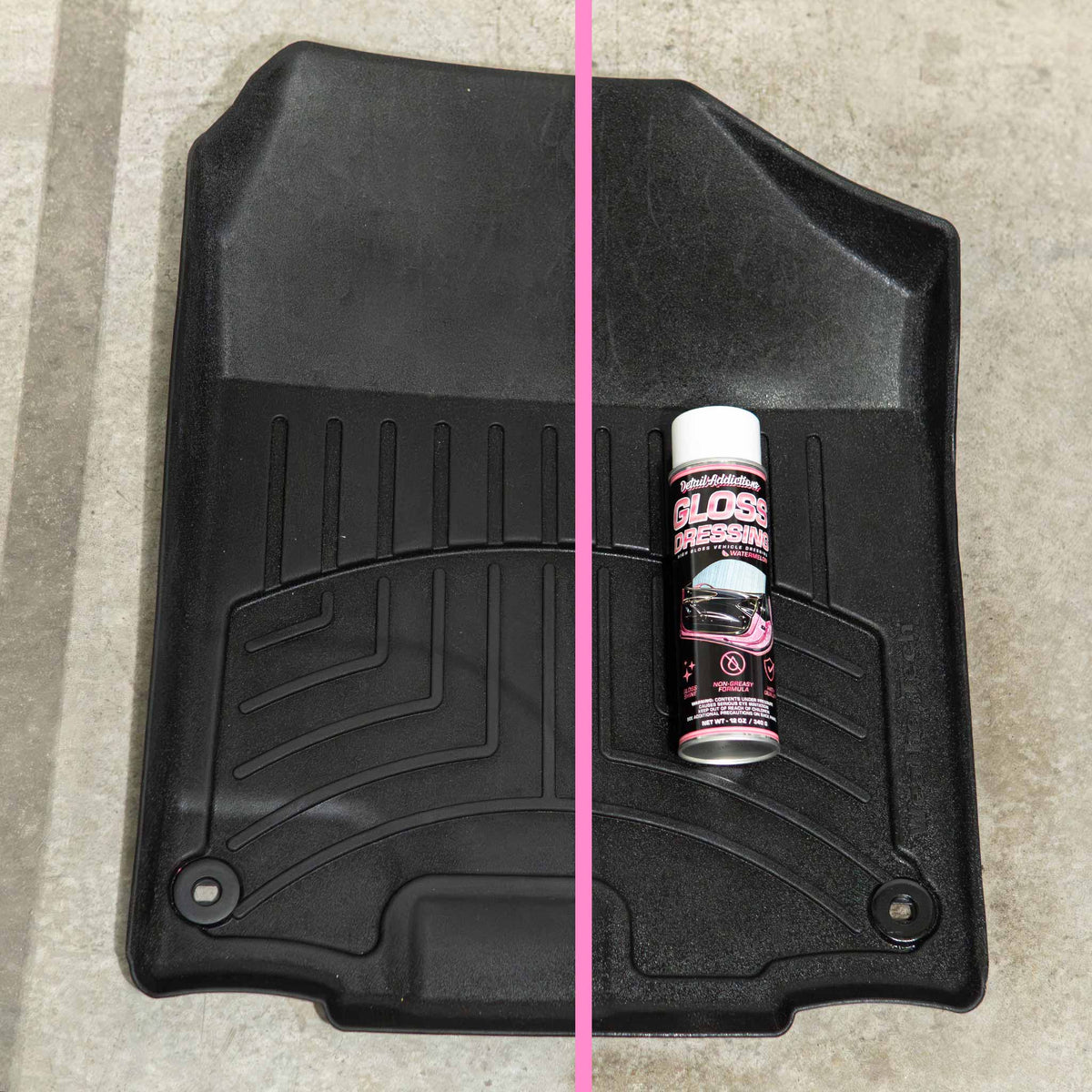 Detail Addictions Premium Gloss Dressing before and after on a black rubber floor liner
