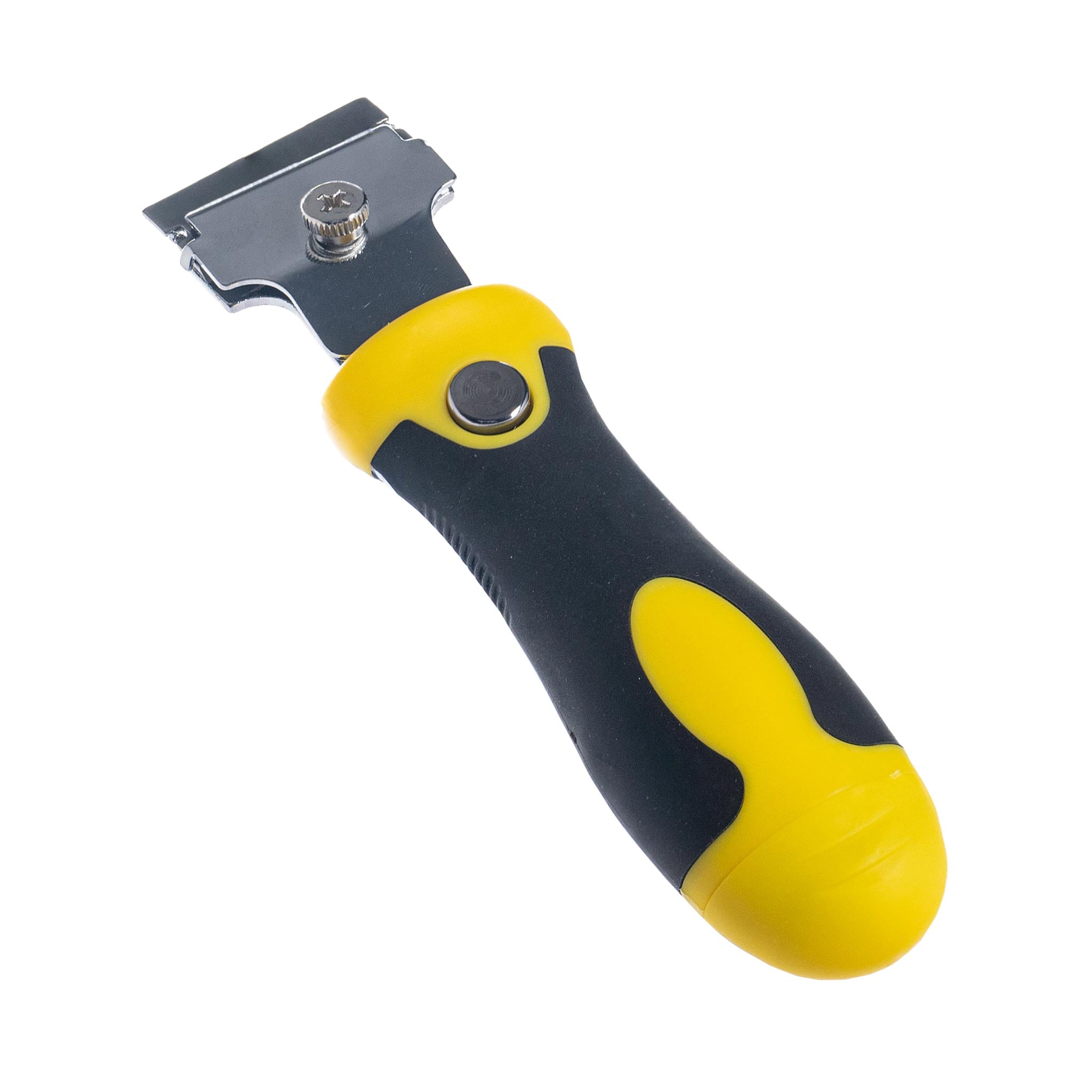 Scraper tool with black and yellow handle on a white background