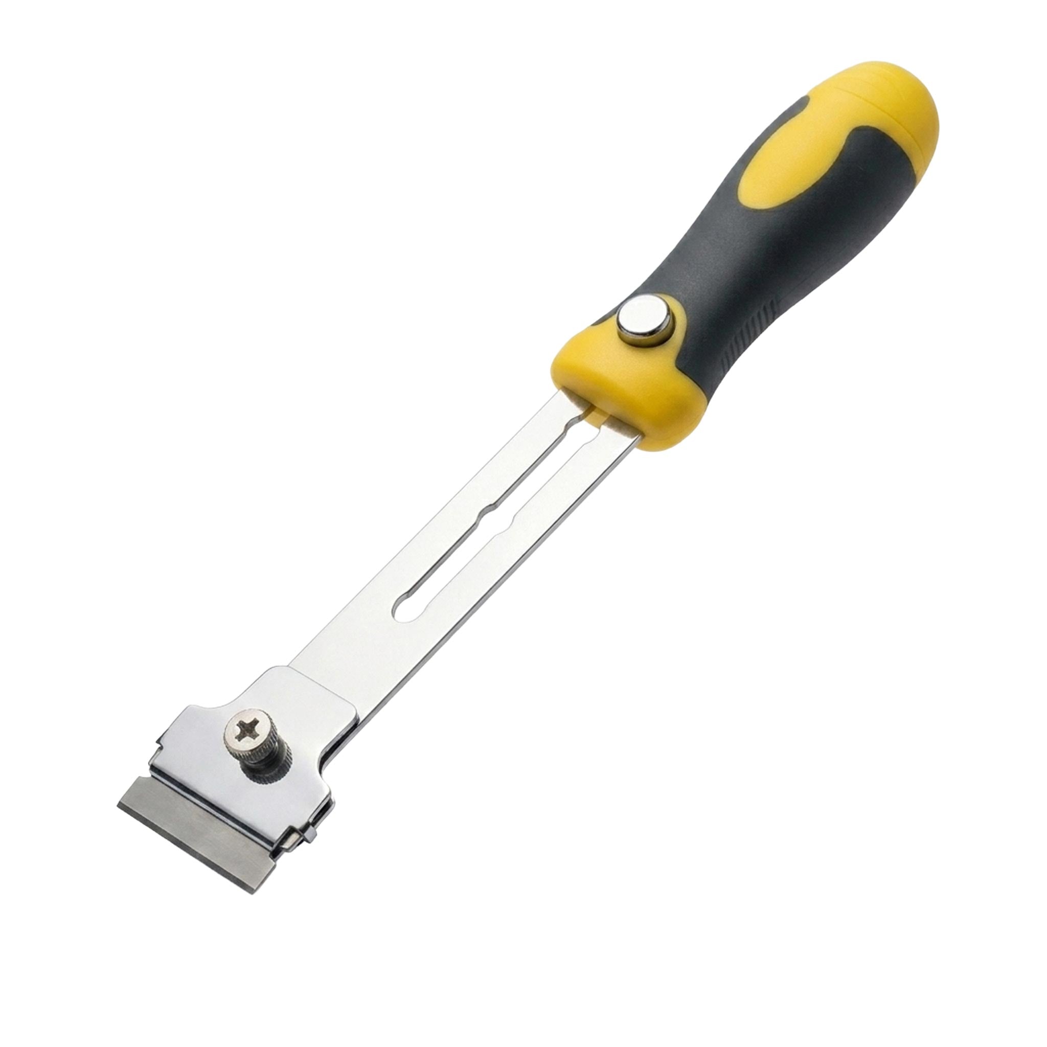 Scraper tool with yellow and black handle on a white background