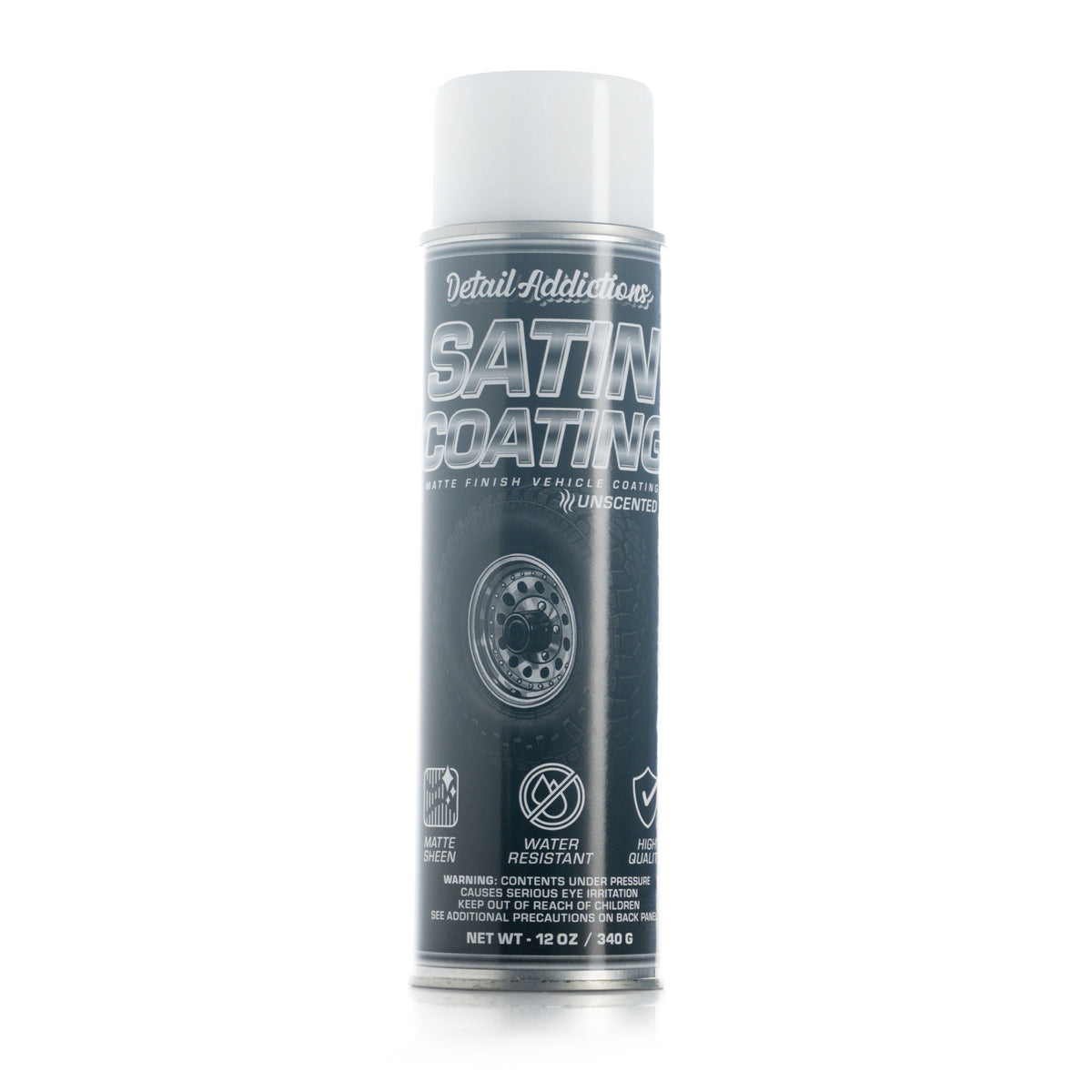 Detail Addictions Premium Satin Coating, no-wipe matte finish vehicle coating in a 12 oz aerosol can