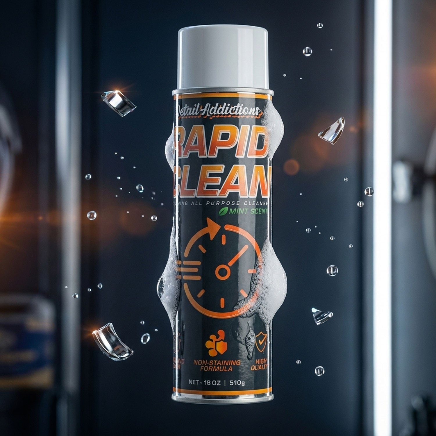 Can of Rapid Clean spray with a dark background