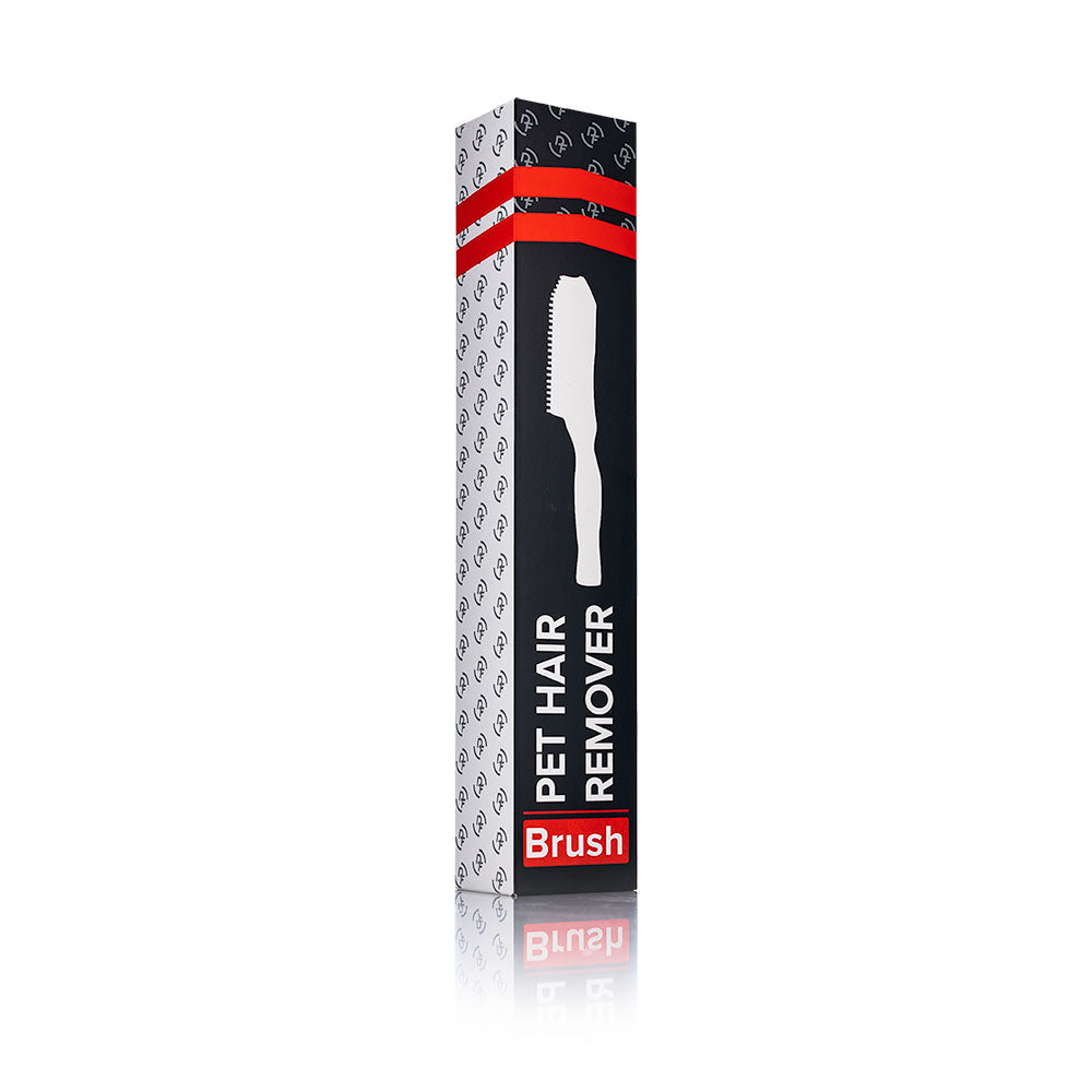 Pet hair remover brush packaging with a white background