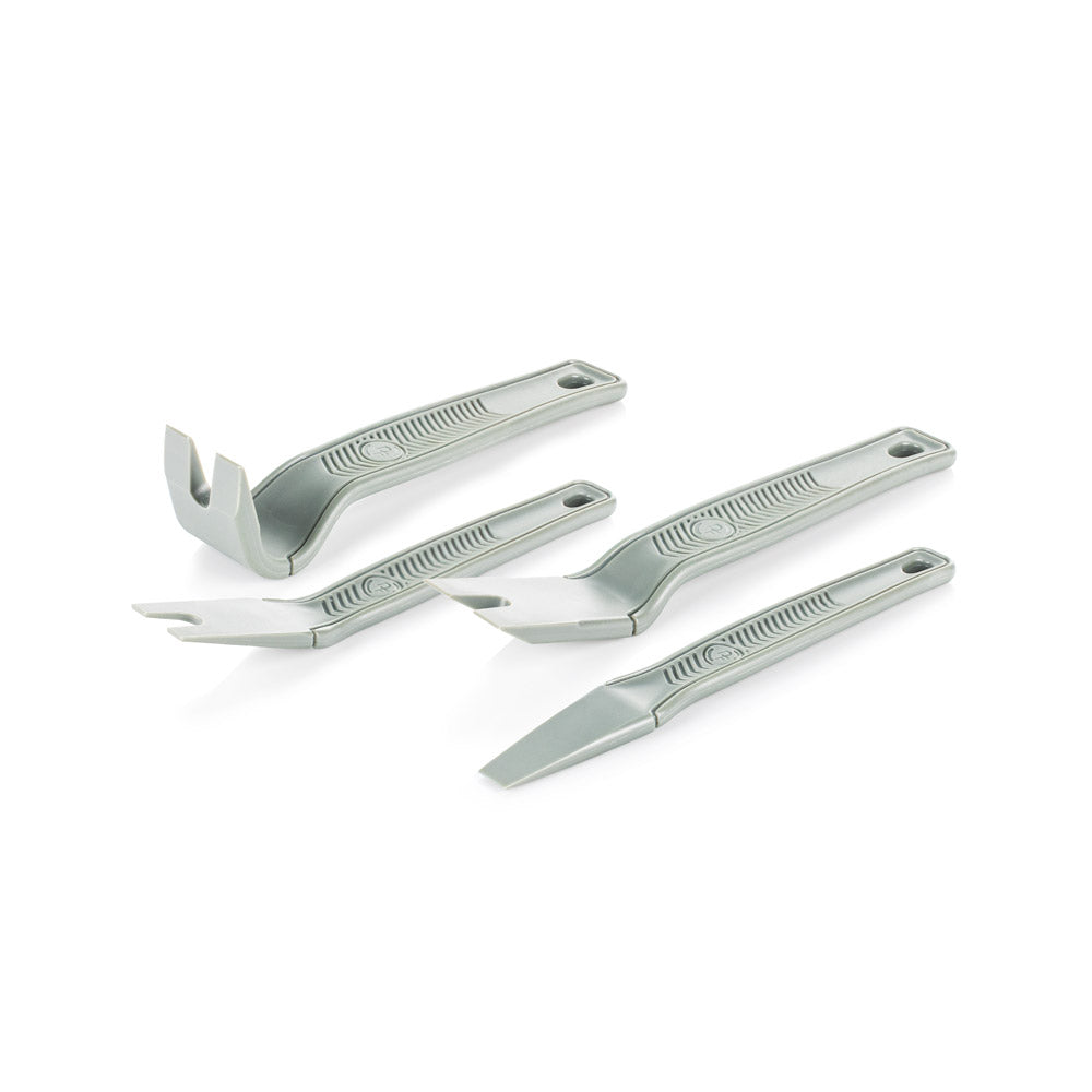 Set of four trim remover tools on a white background