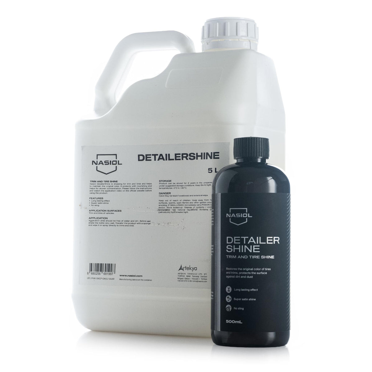 Nasiol Detailer Shine trim and tire dressing in a 500 mL bottle and 5 L jug