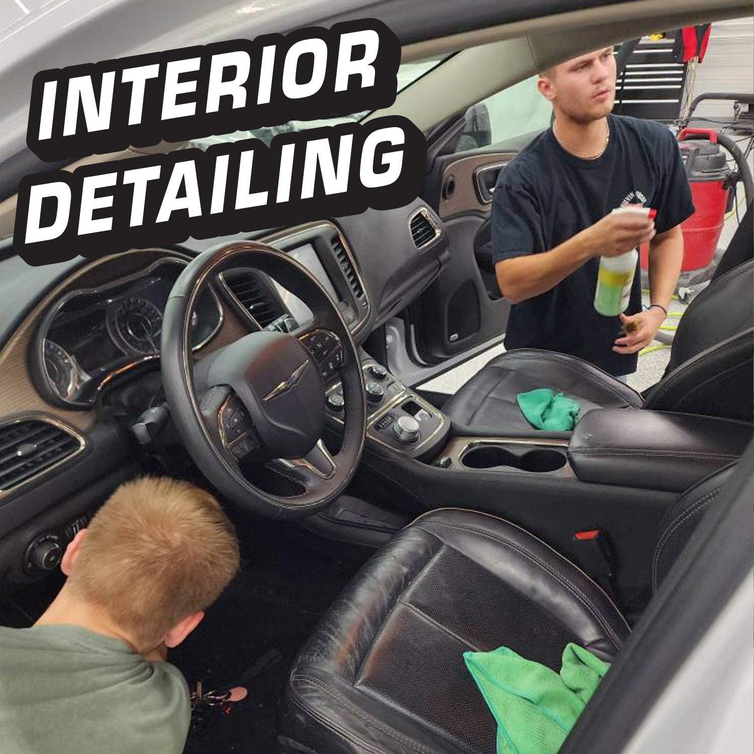 Two people working on interior detailing of a car with text 'INTERIOR DETAILING'.
