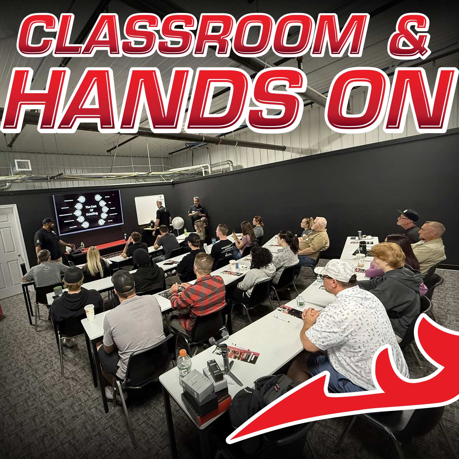 Classroom setting with people seated at tables, engaging in a workshop or training session.