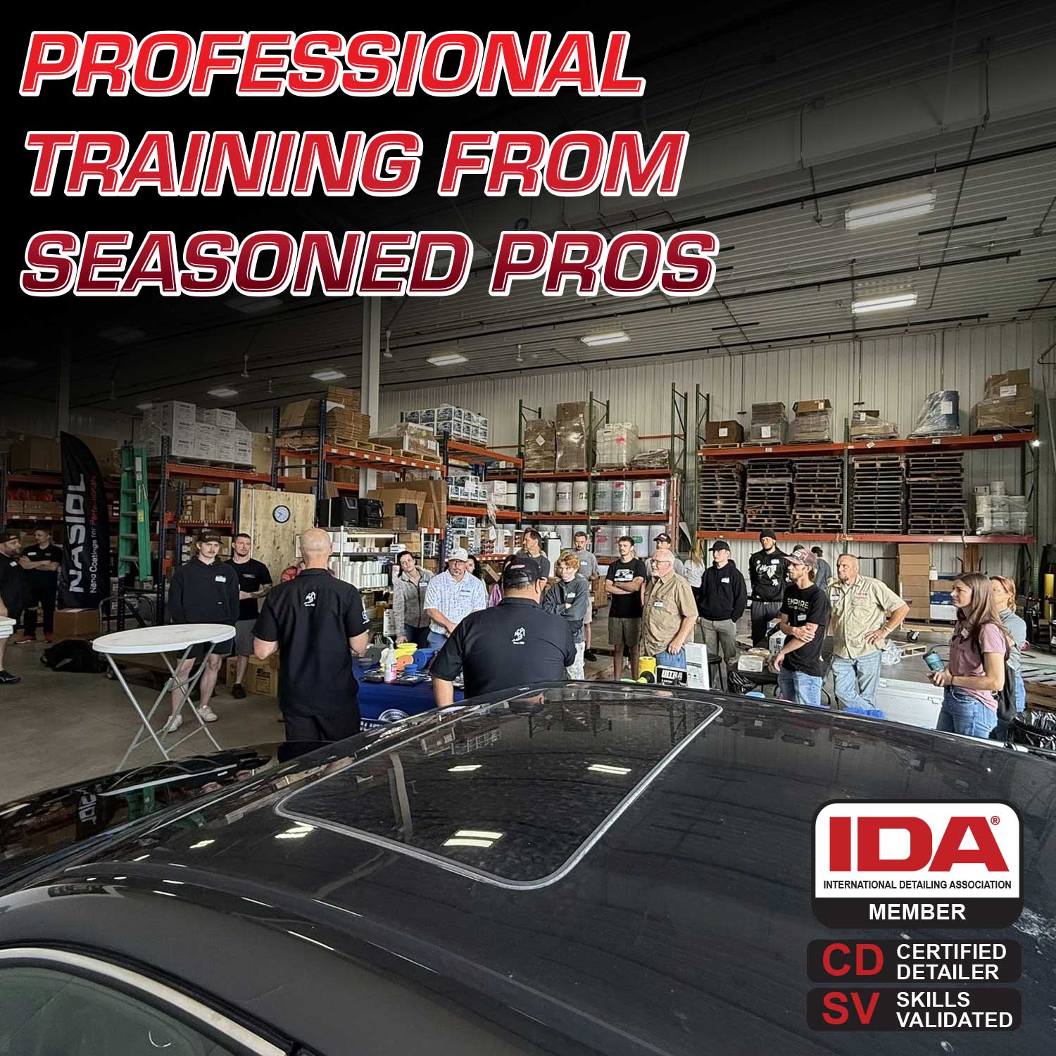 Group of people in a workshop with text about professional training from seasoned pros and IDA certification.