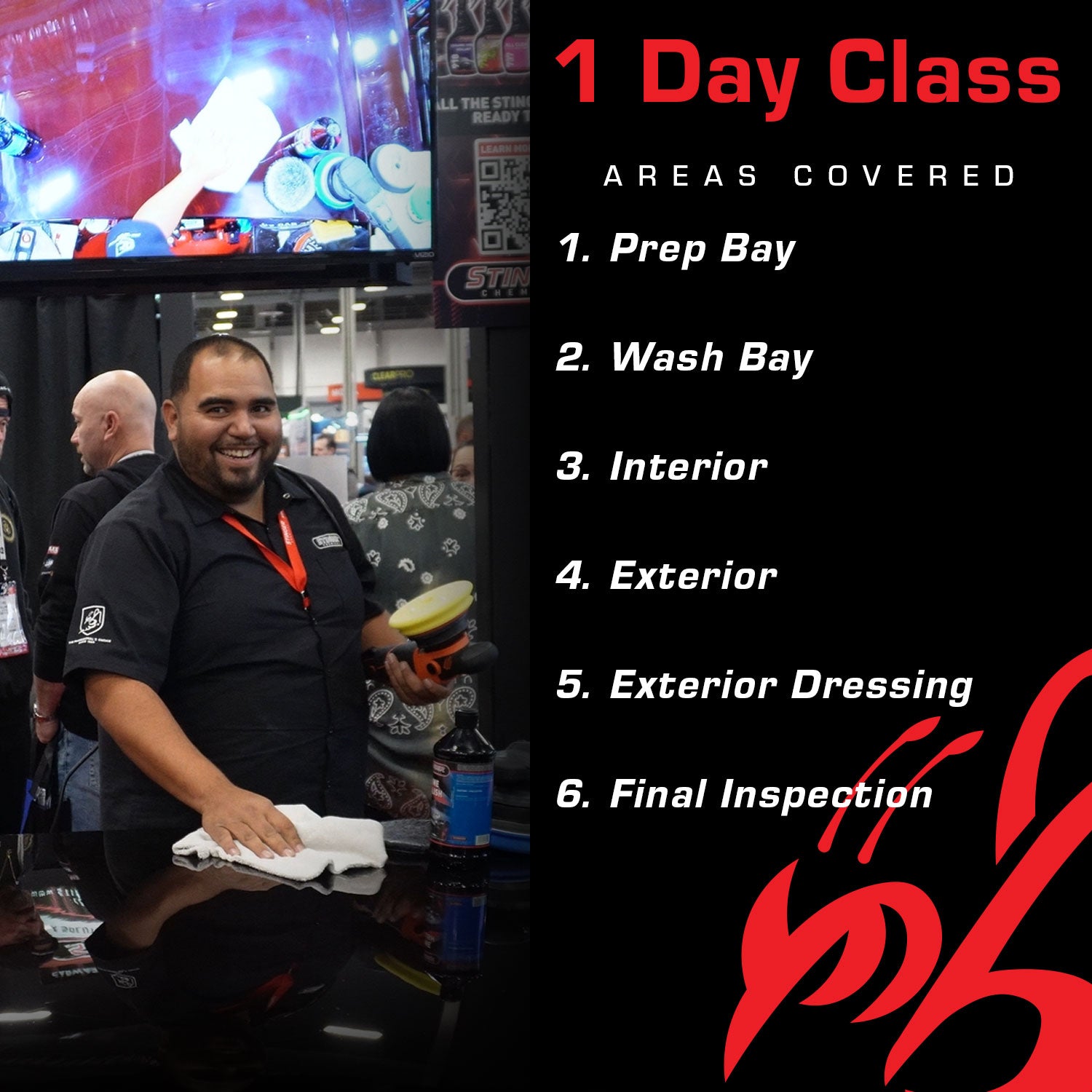 Car wash class advertisement with a man holding a polisher and a list of areas covered.