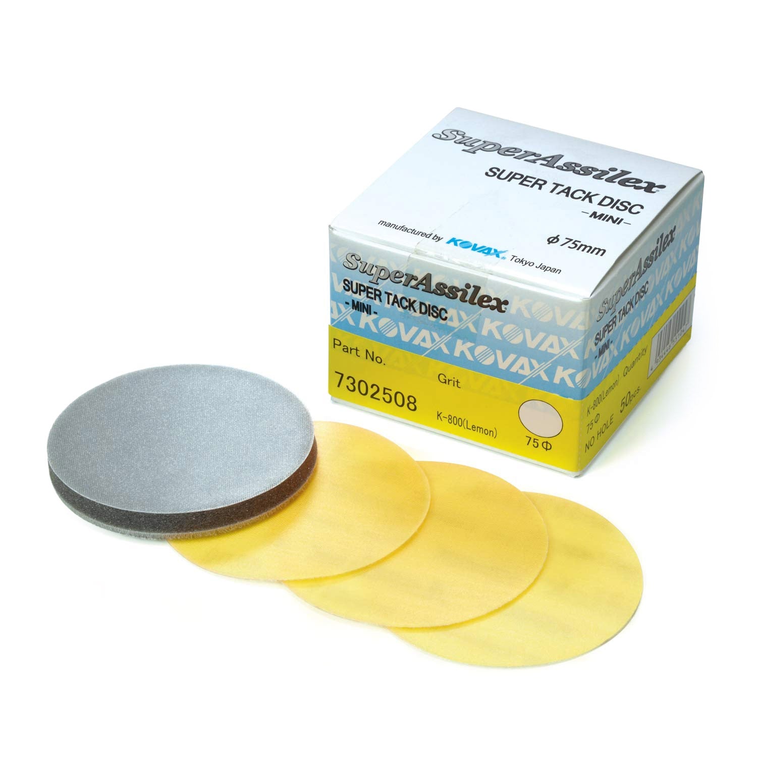Yellow K-800 Super Assilex 3 inch super tack disc with packaging on a white background