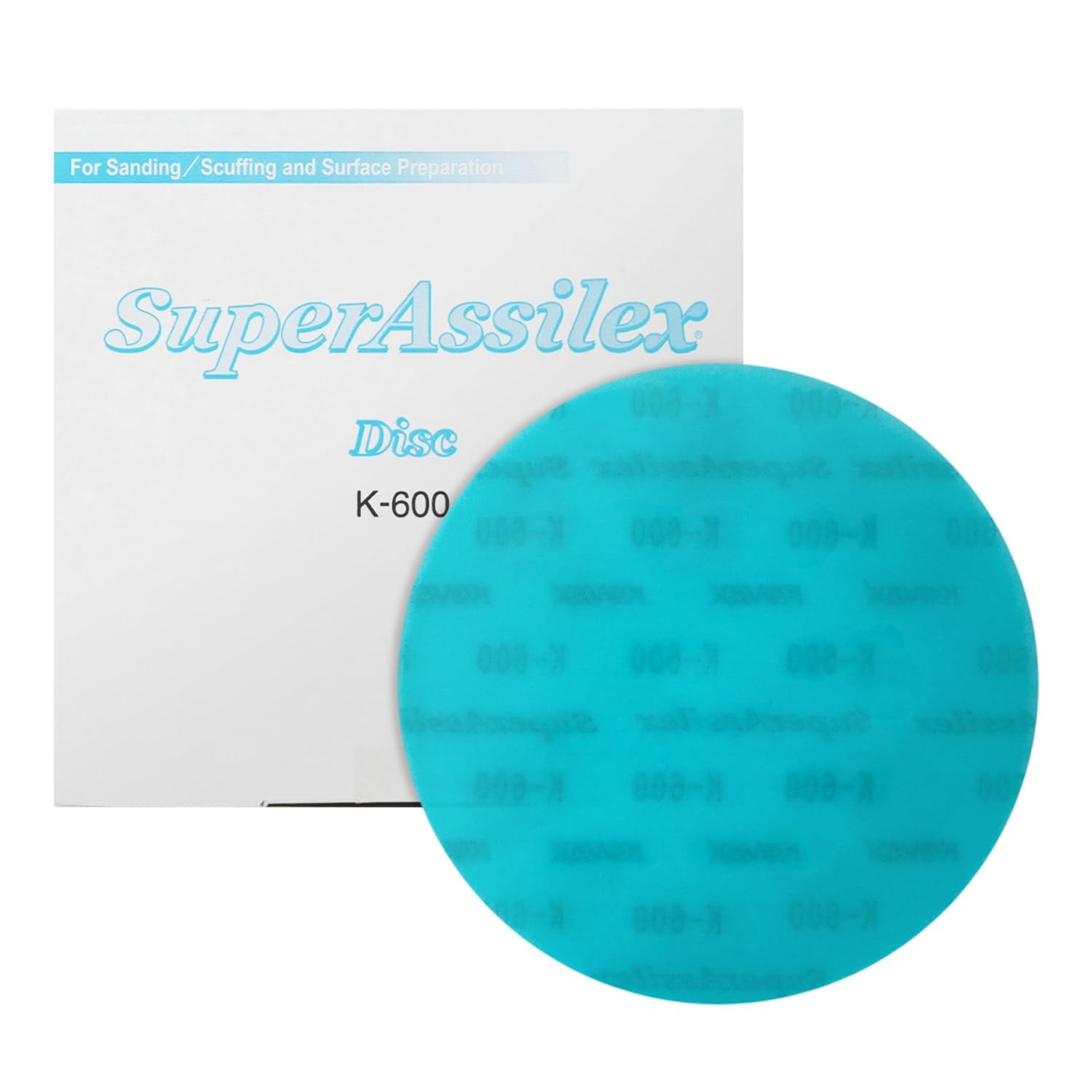 Turquoise K-600 SuperAssilex sanding disc with packaging on a white background