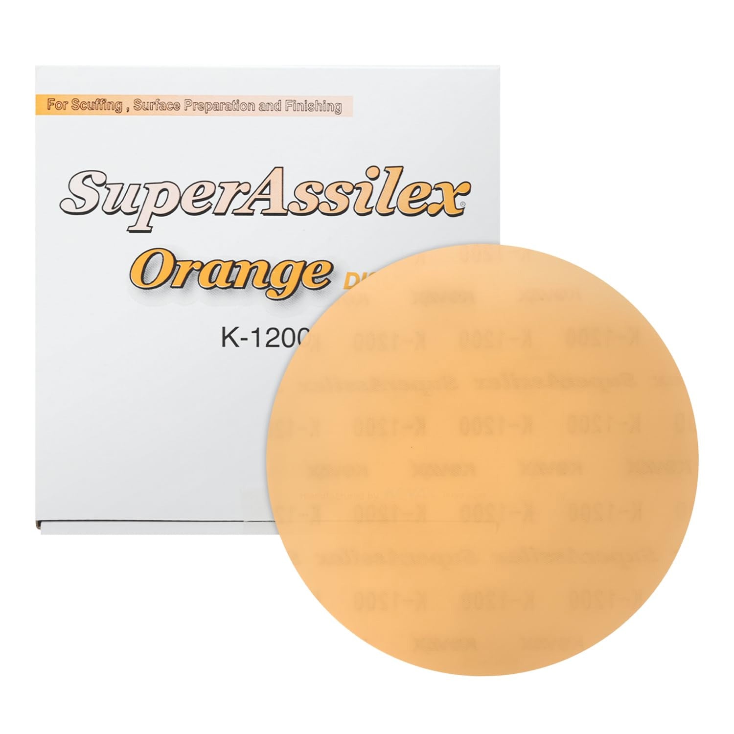 Orange K-1200 SuperAssilex sanding disc with packaging on a white background