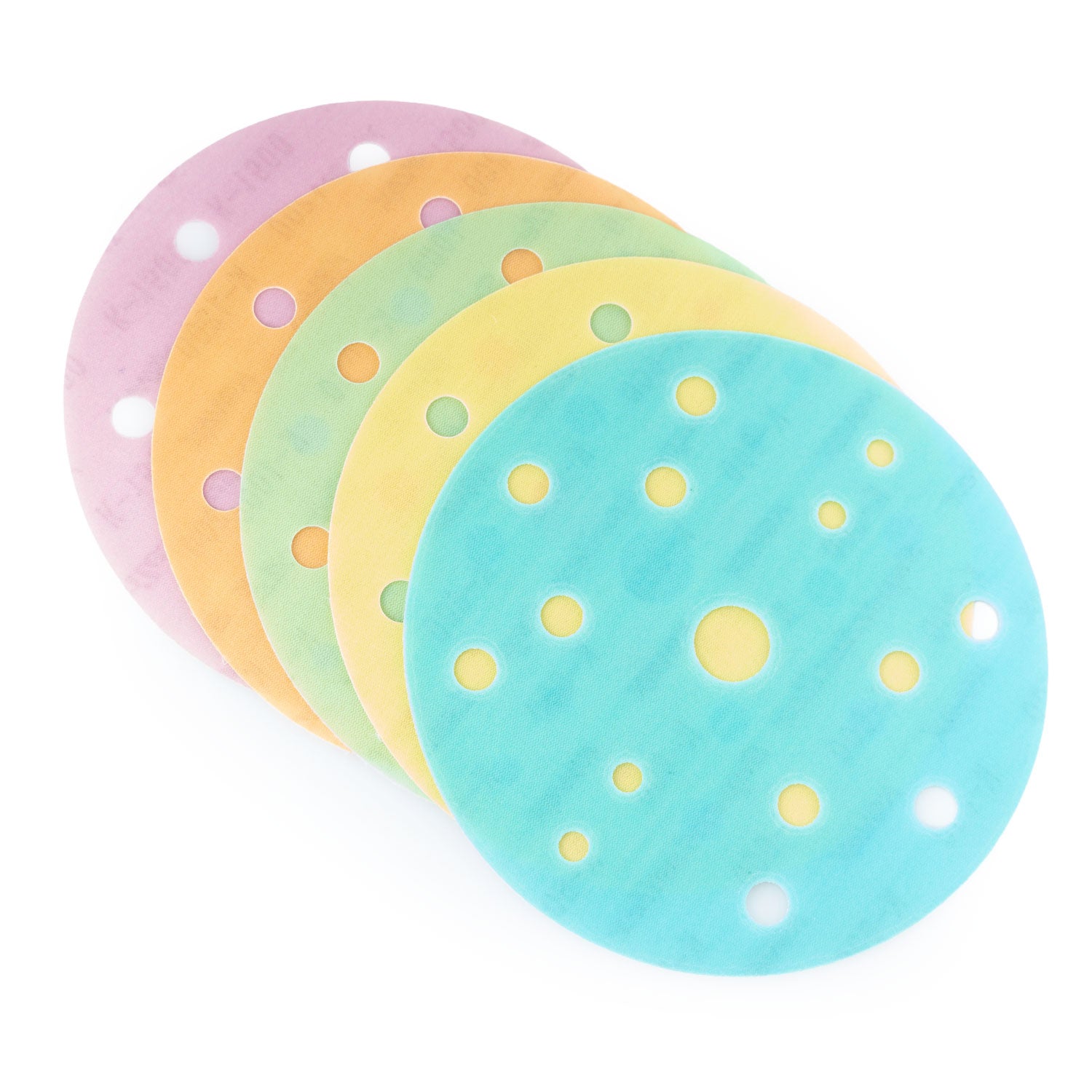 Set of five 15-hole super assilex sanding discs in pastel colors on a white background