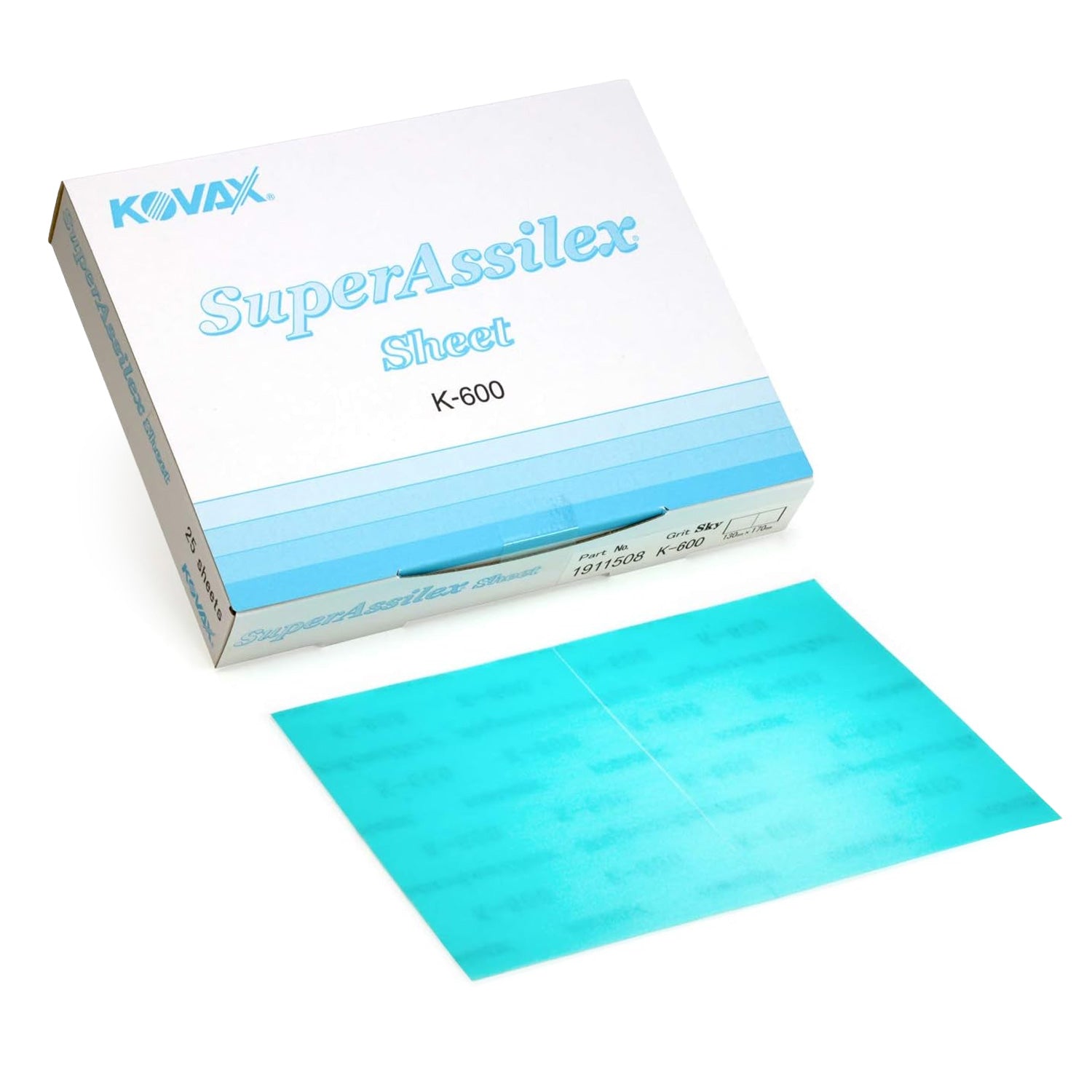 Kovax Super Assilex Sheet K-600 packaging with a sample sheet on a white background