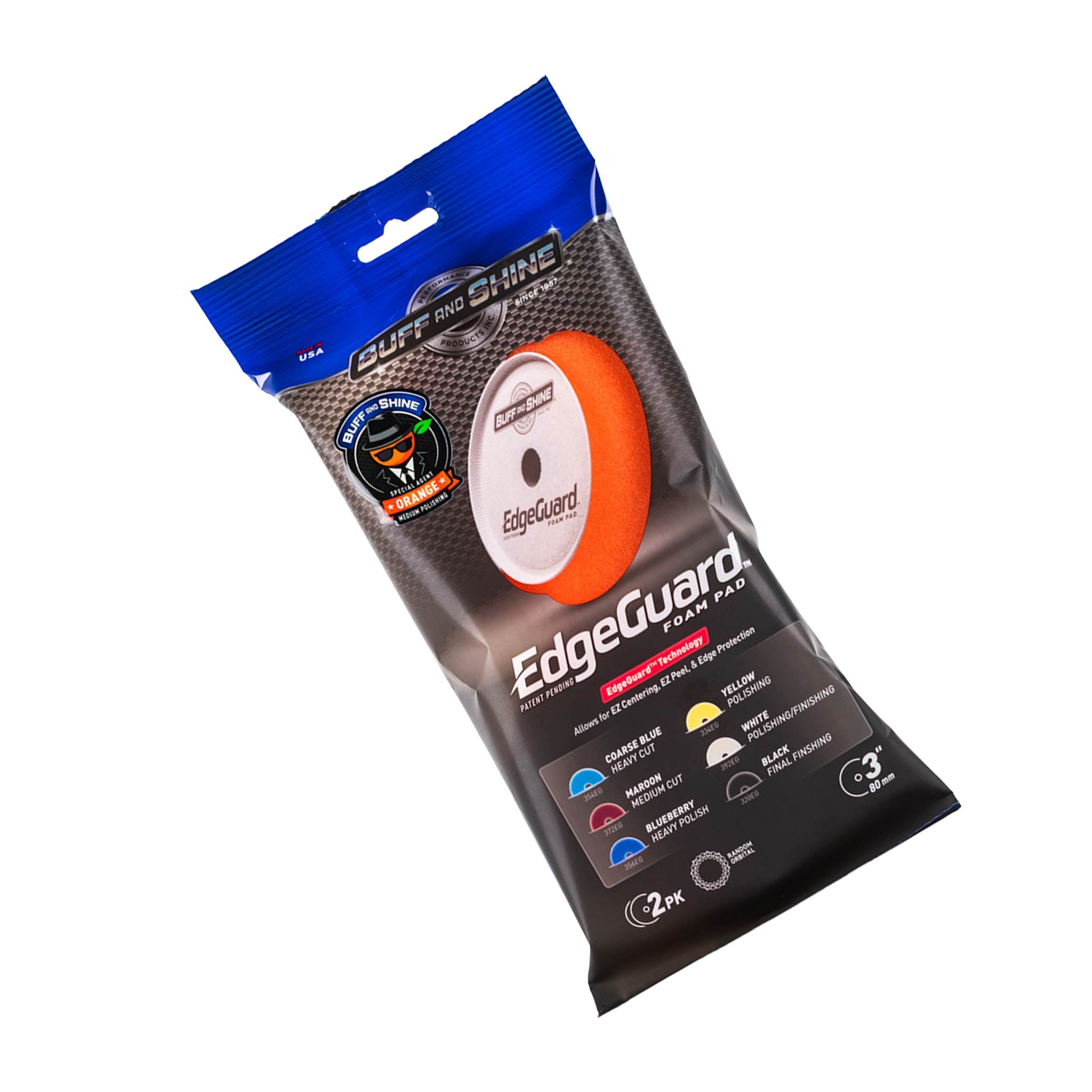 buff and shine agent orange 3 inch pad packaging on a white background