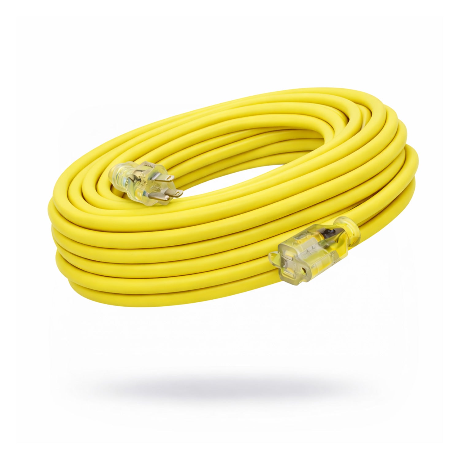 Yellow 50 foot extension cord with two plugs on a white background