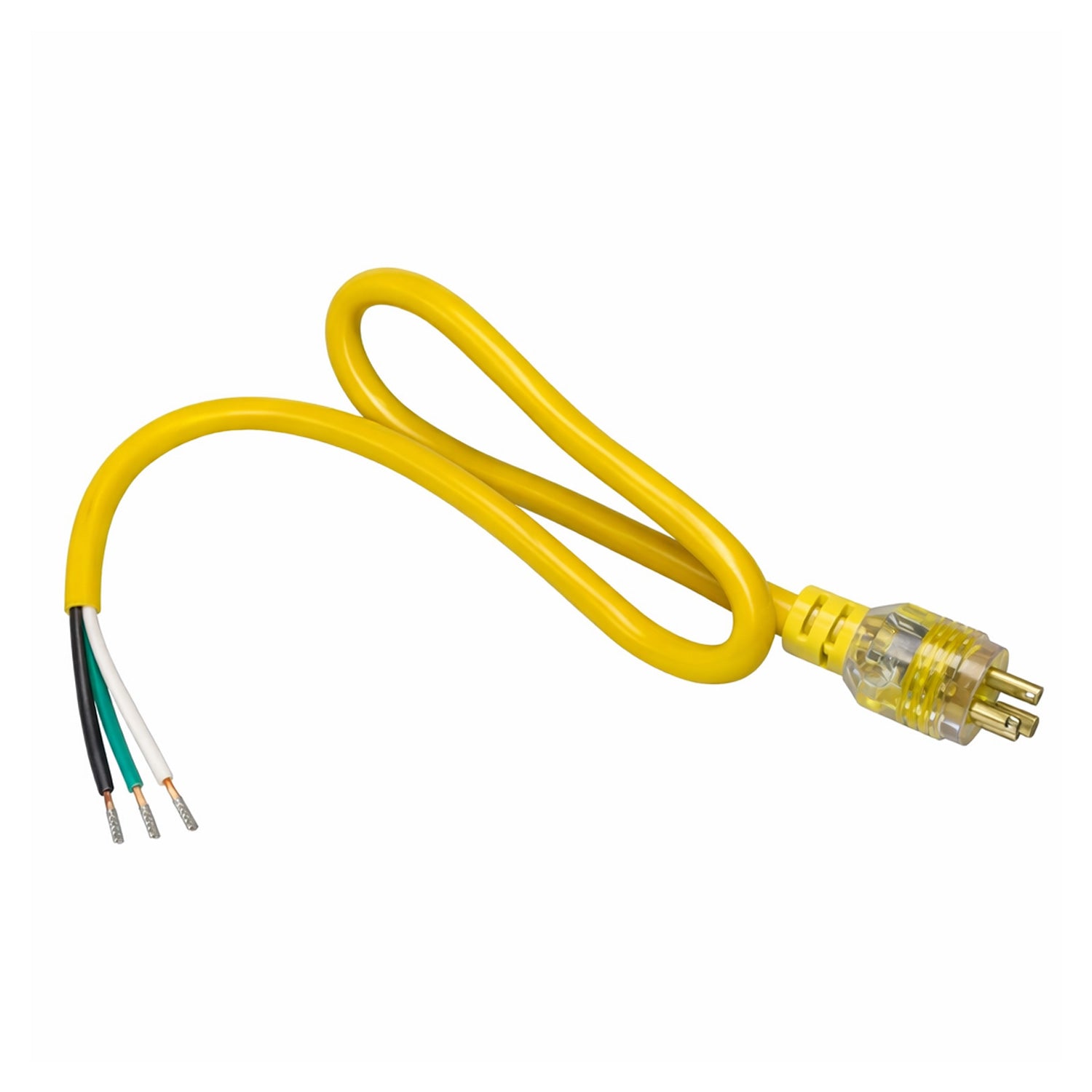Yellow electrical cable with plug on a white background