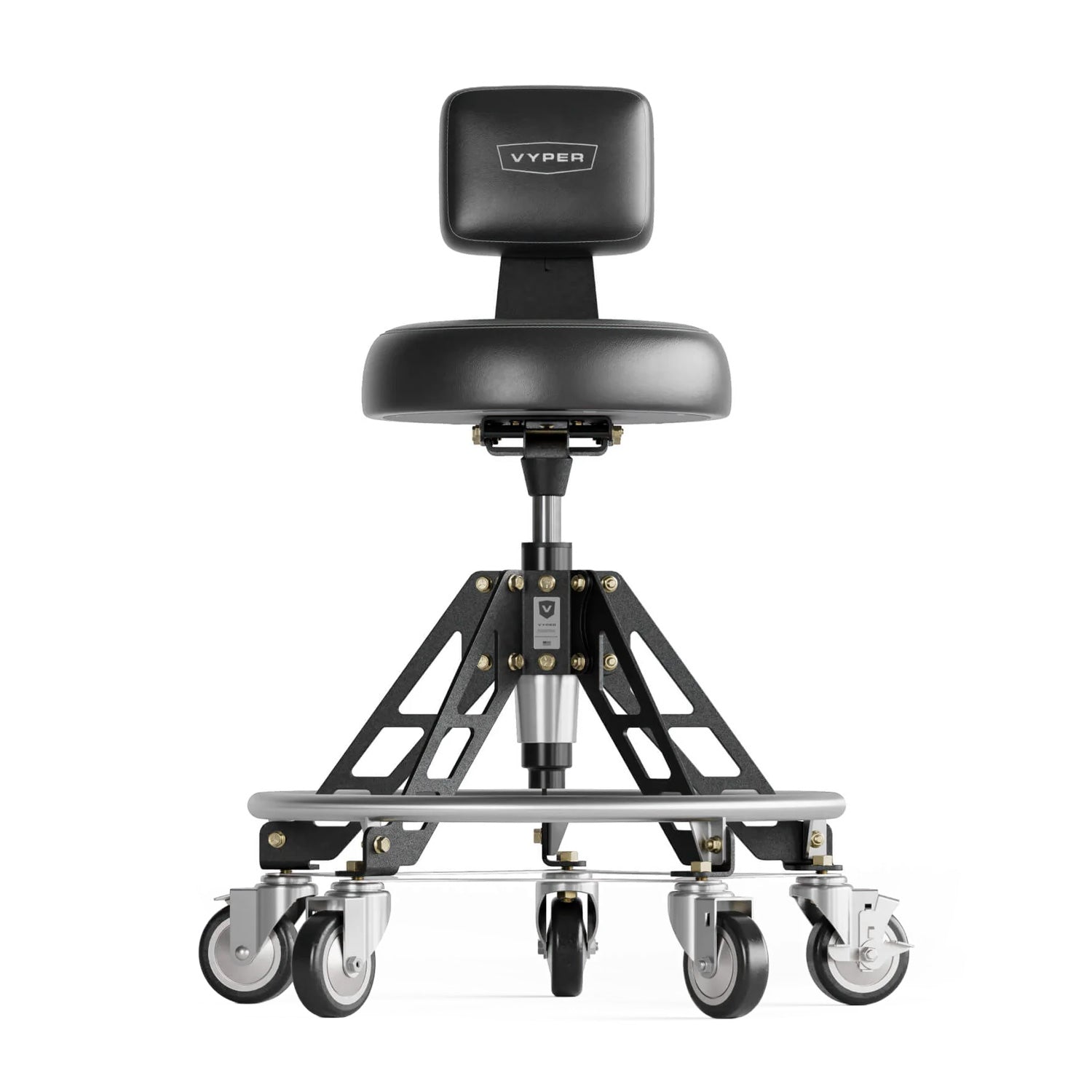 Black stool with wheels and 'Vyper' branding on a white background
