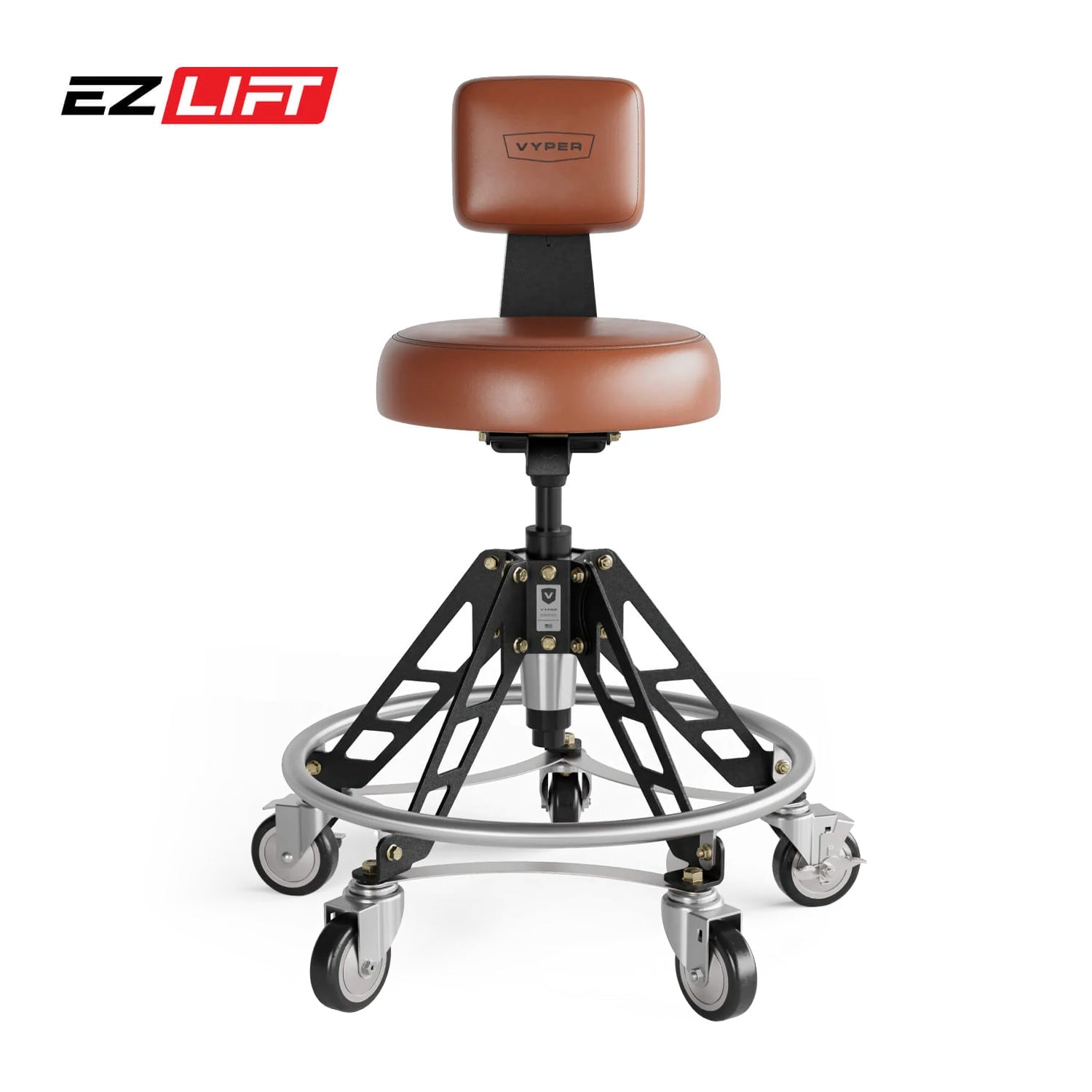 Brown stool with black metal frame and wheels on a white background, featuring the EZ Lift logo.
