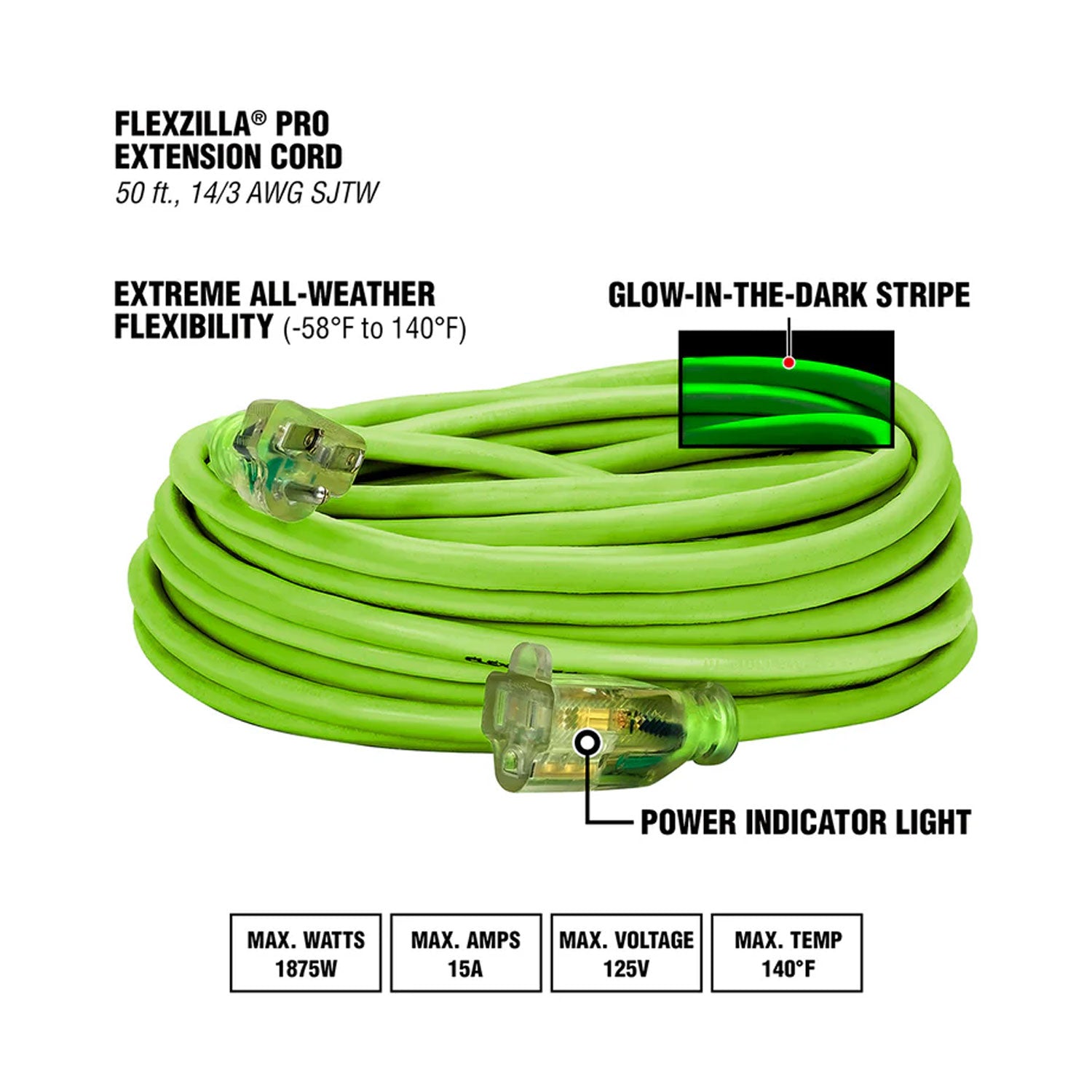 Green extension cord with features highlighted on a white background