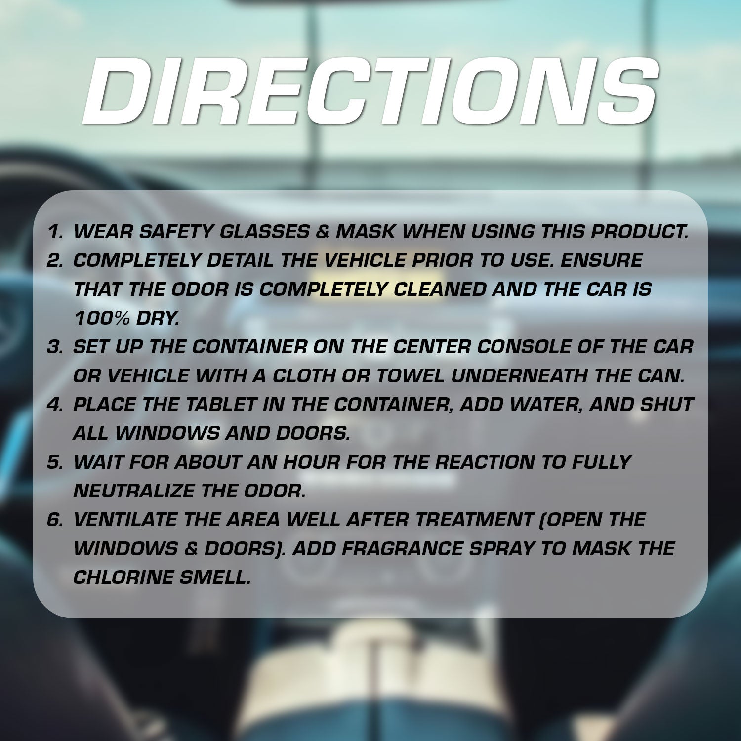 Instructions for using a product to clean vehicle odor with a blurred car interior background.