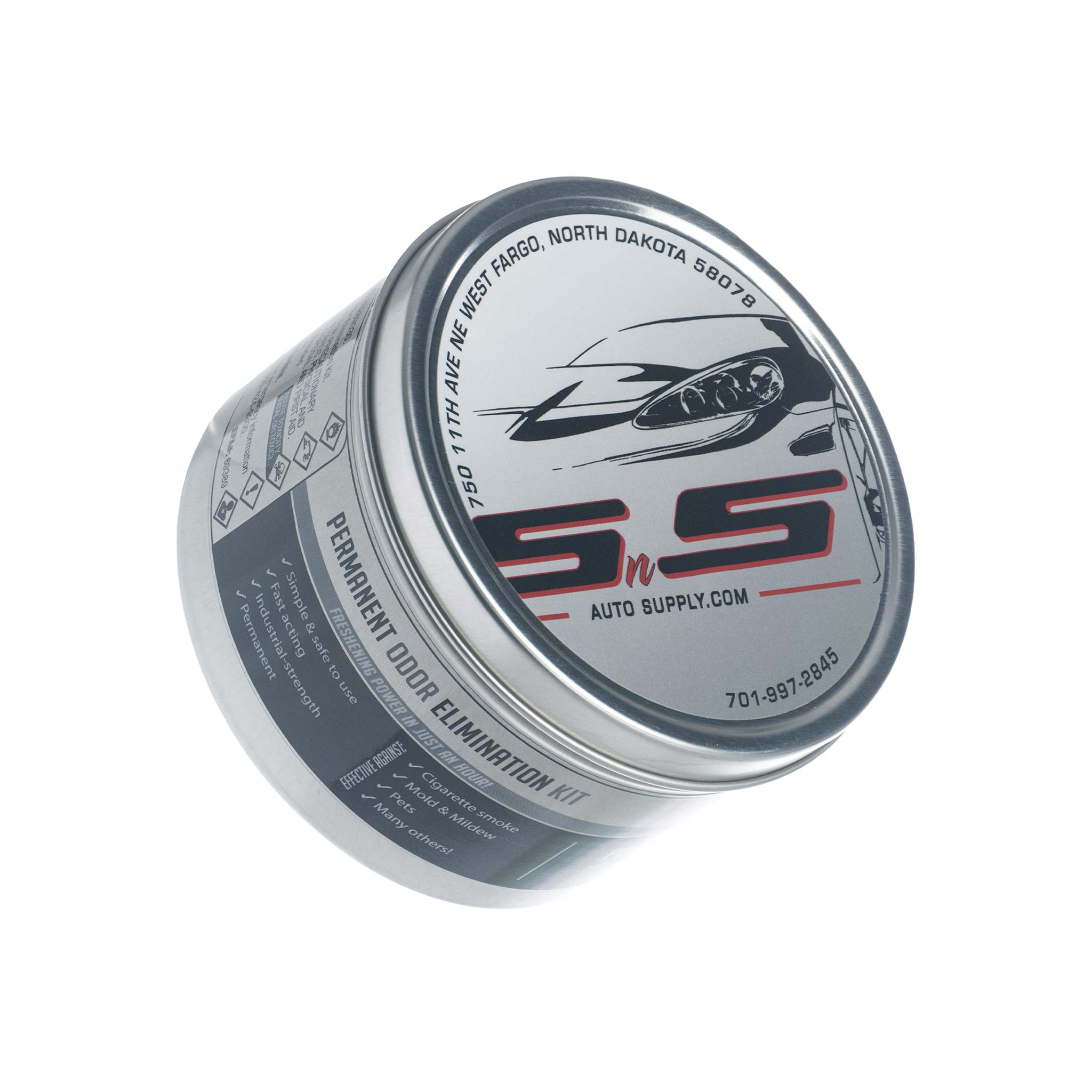 Fog-It Container with a silver label featuring an sns logo and text on a white background