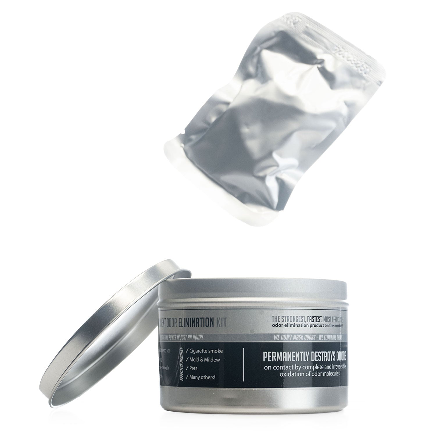 Fog it silver container with a lid and a cholrine packet on a white background