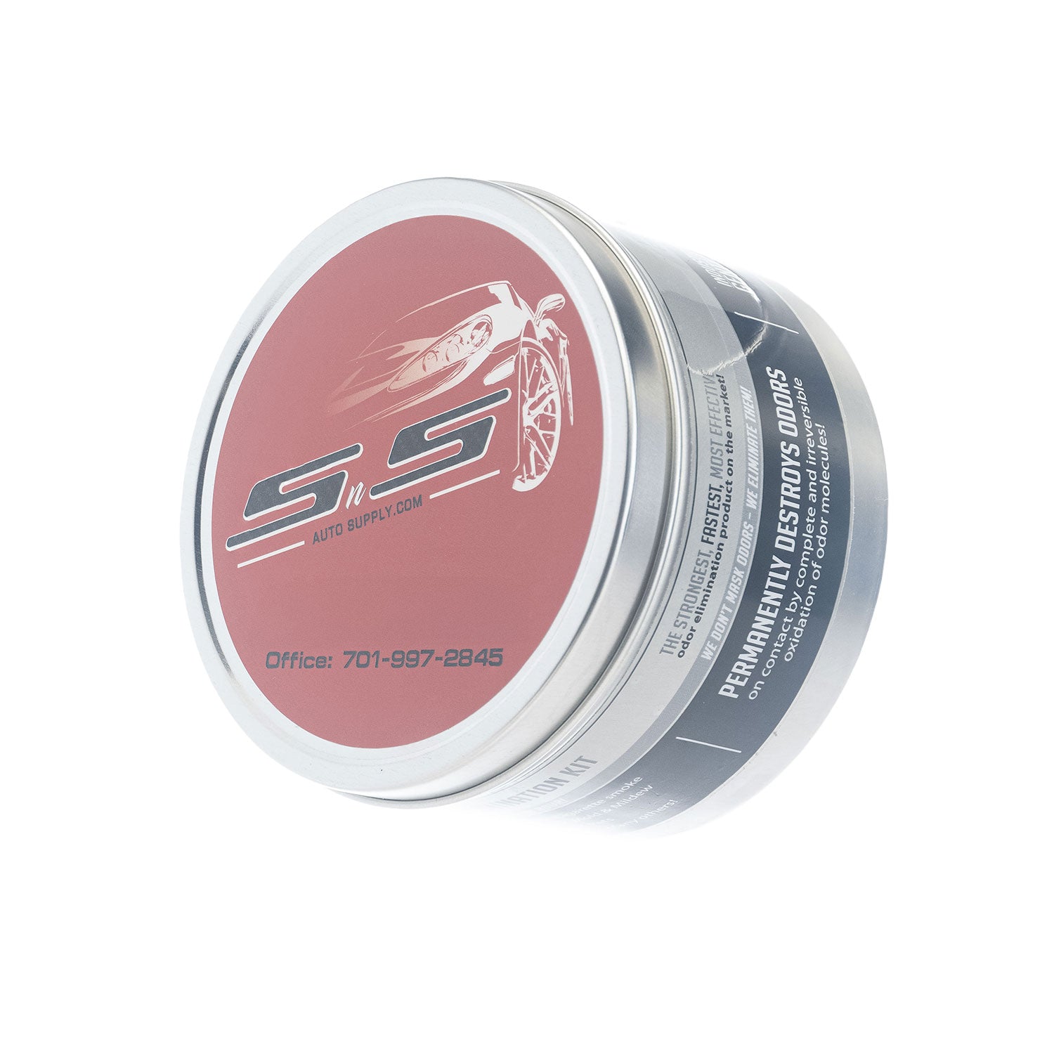 Fog-It Container with a red label featuring an sns logo and text on a white background