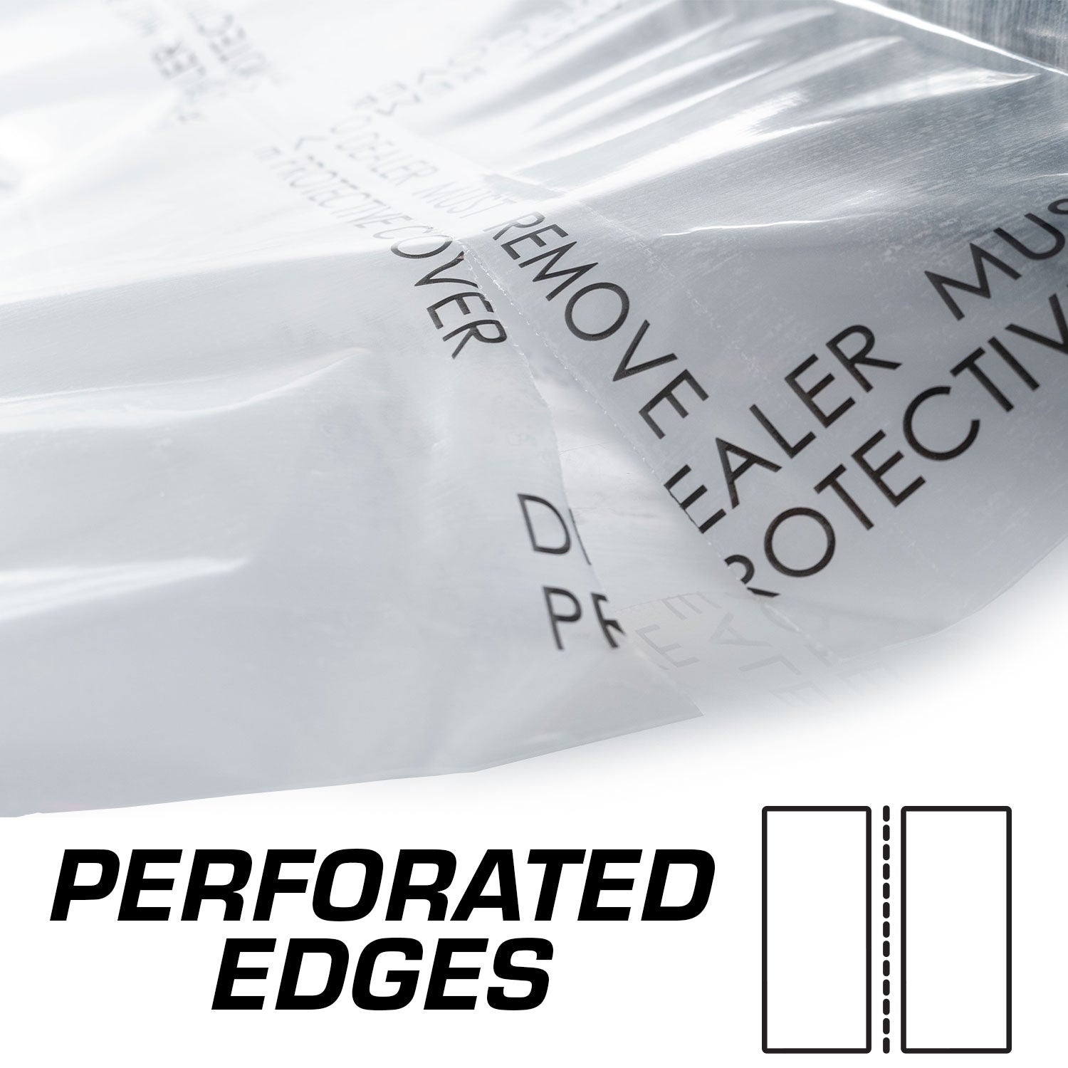 Perforated edge packaging with text on a white background